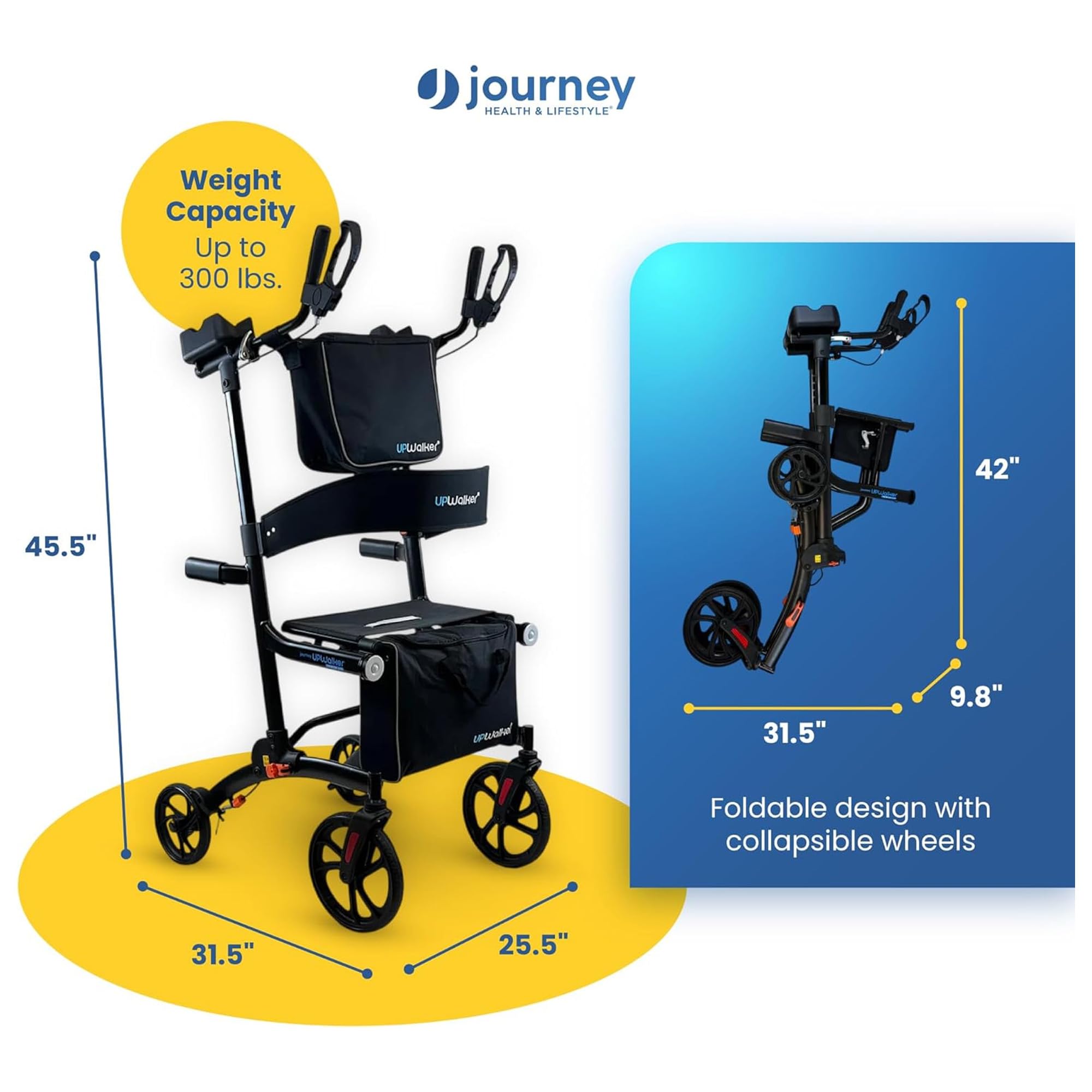 LifeWalker UPWalker EZ Lite Upright Walker for Adults & Seniors – Lightweight Adjustable Upright Rollator with Seat, Hand Brakes & Accessories