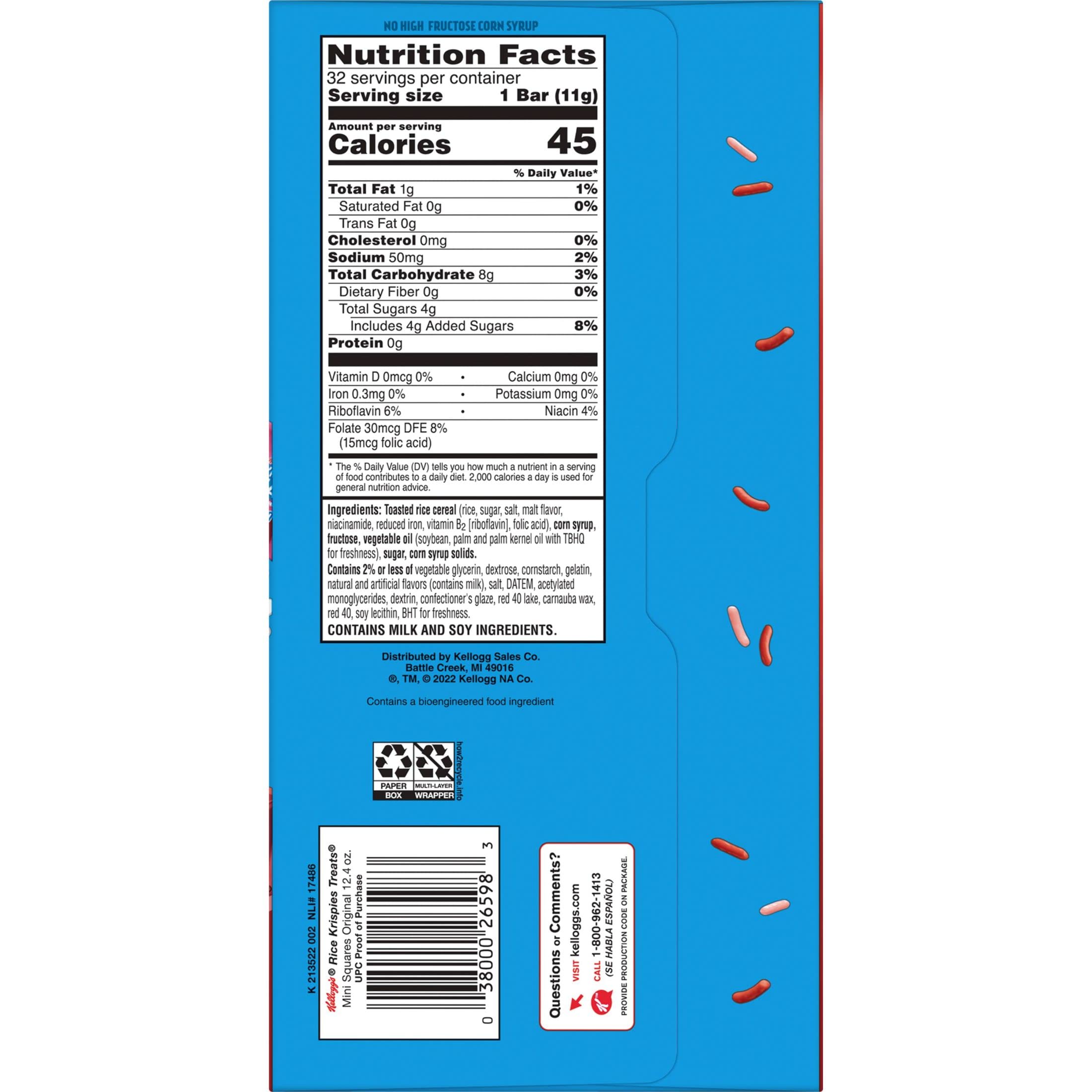 Rice Krispies Treats Mini Marshmallow Snack Bars, Valentine's Day Treats, Kids Snacks, Original with Holiday Sprinkles, 12.4oz Box (32 Bars)