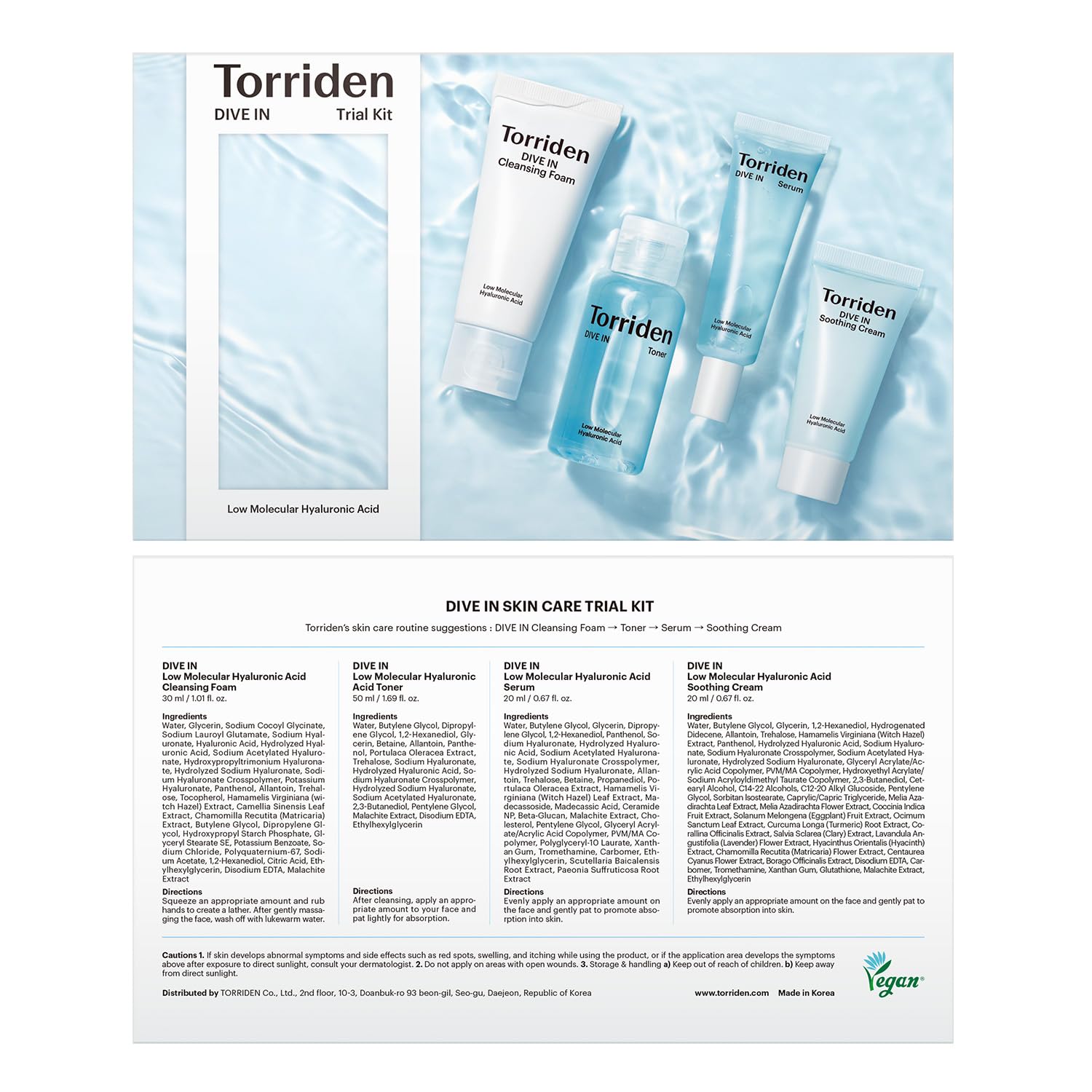 Torriden DIVE-IN Trial Kit, Hyaluronic Acid Infused Daily Skincare Kit - 4 Step Regimen with Foam Cleanser, Facial Toner, Serum, and Cream | Vegan, Hypoallergenic Korean Skin Care