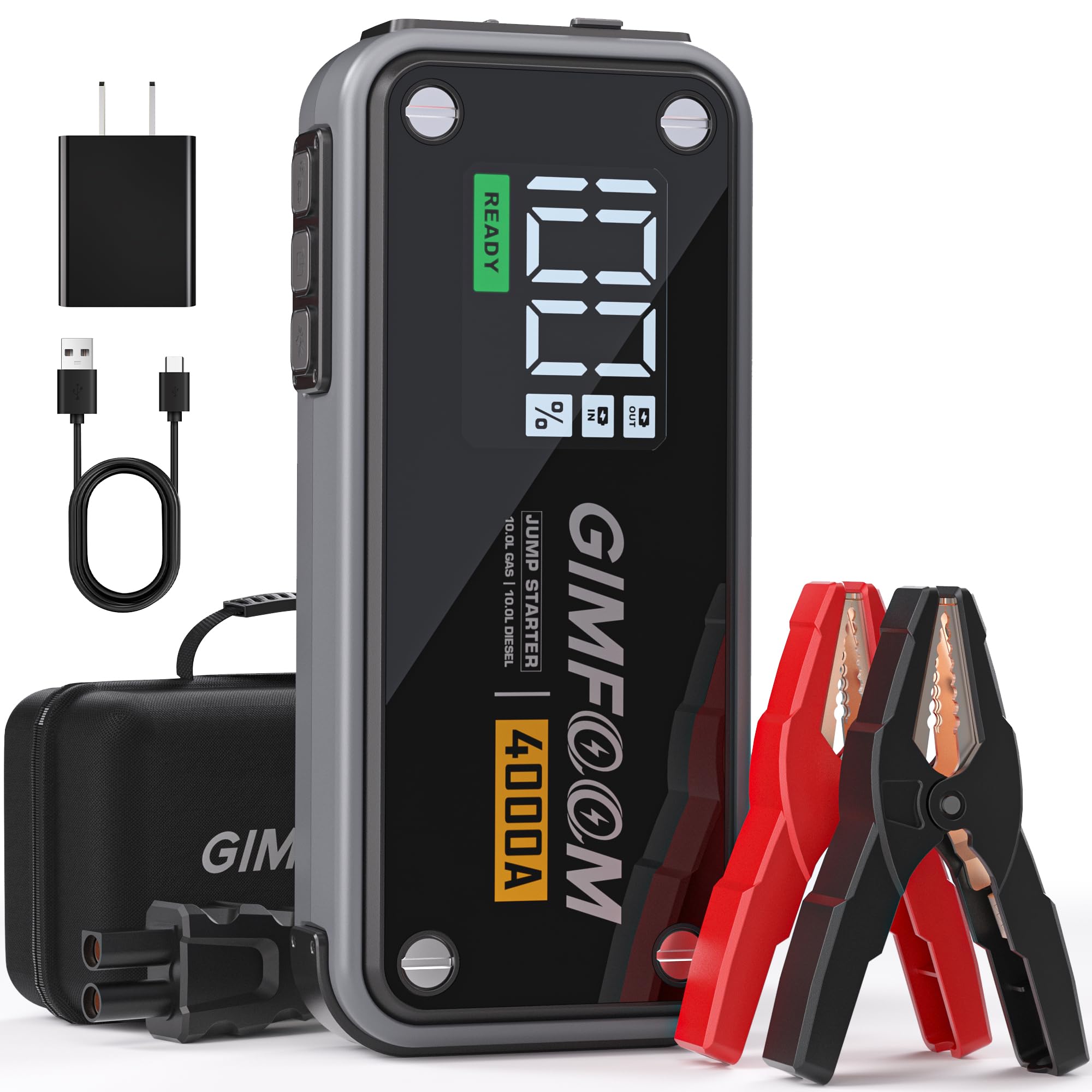 GIMFOOM Jump Starter, 4000A Car Battery Jump Starter with Wall Charger (10L Gas & 10L Diesel Engines), 12V Jump Starter Battery Pack with 3.4 Inch Smart Display, Jump Box with 400 Lumens LED Light