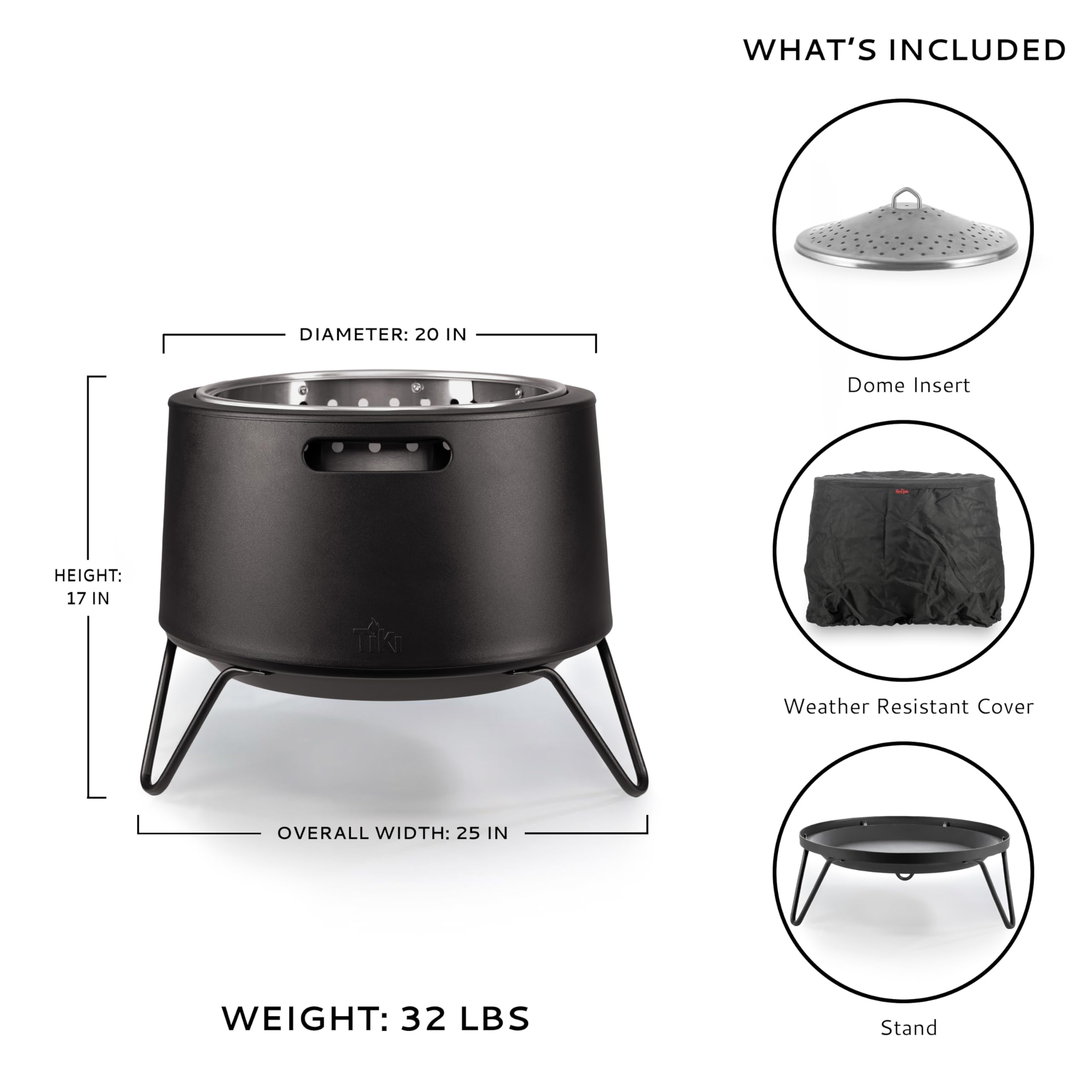 TIKI 20-Inch Smokeless Social Fire Pit, Portable Outdoor Fire Pit with Removable Ash Base, Stand & Cloth Cover – Modern Wood Burning Fire Pit for Patio, Backyard, and Gatherings