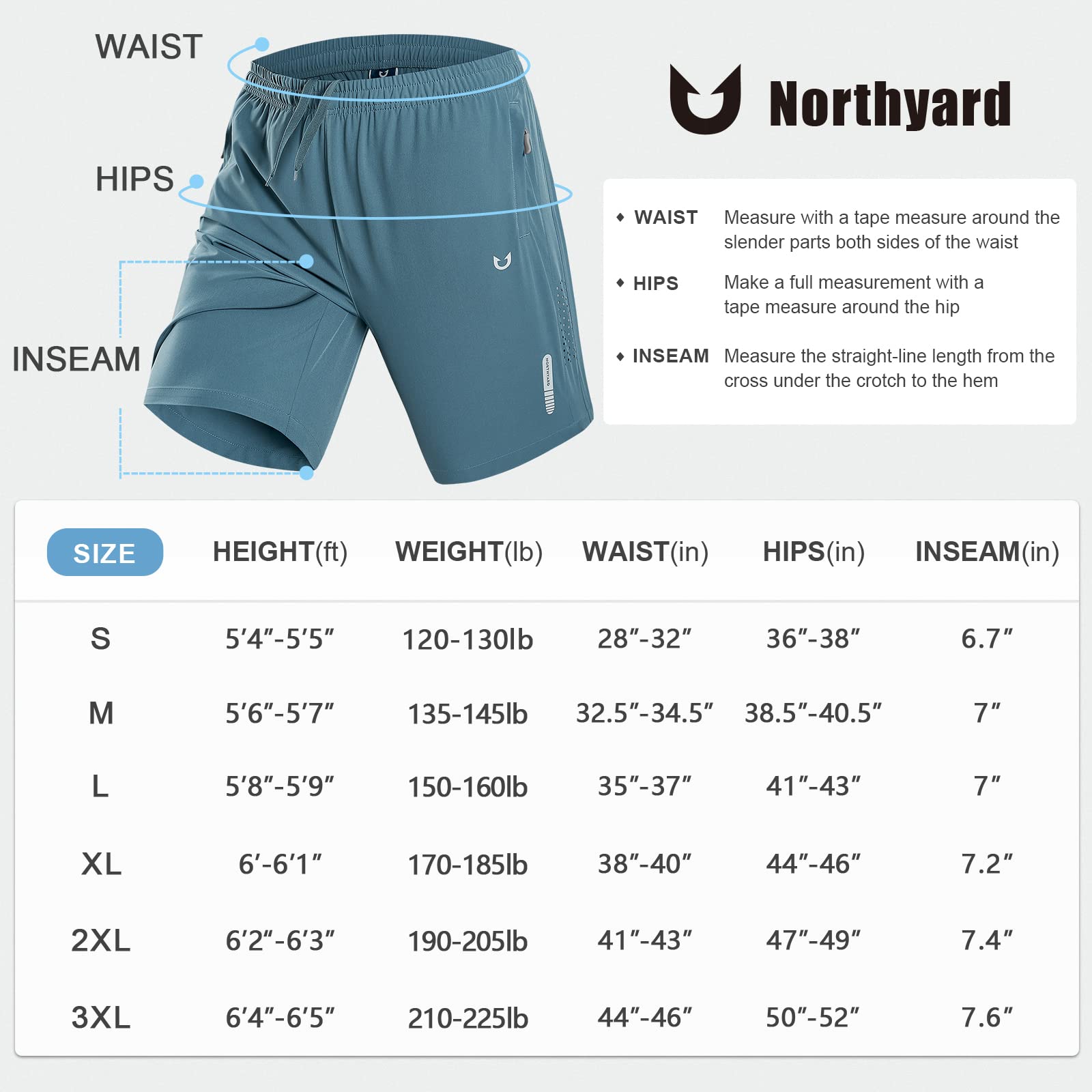 NORTHYARD Men's Athletic Running Shorts Quick Dry Workout Shorts 7"/ 5"/ 9" Lightweight Sports Gym Basketball Shorts Hiking Exercise Greyblue M