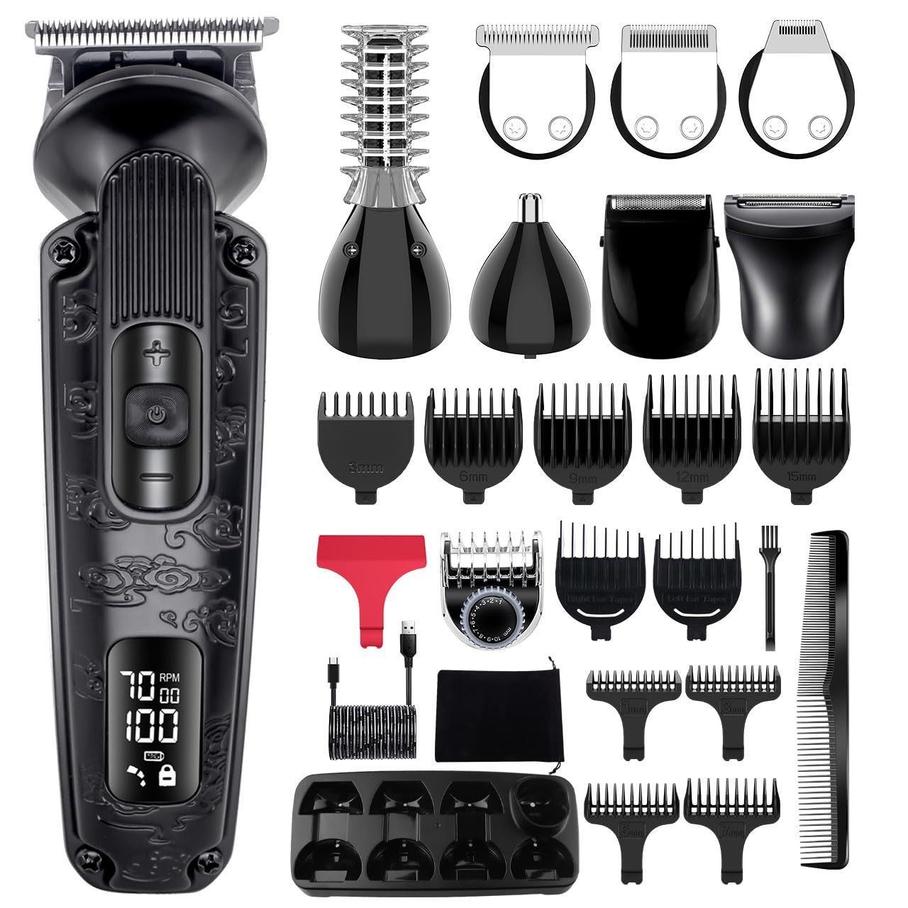 Hatteker Beard Trimmer Mustache Trimmer for Men 8 in 1 Adjustable Speed Waterproof Hair Clipper T-Blade Trimmer Electic Razor Shavers Cordless Mens Gift Grooming Kit with Face Nose Body (Black)