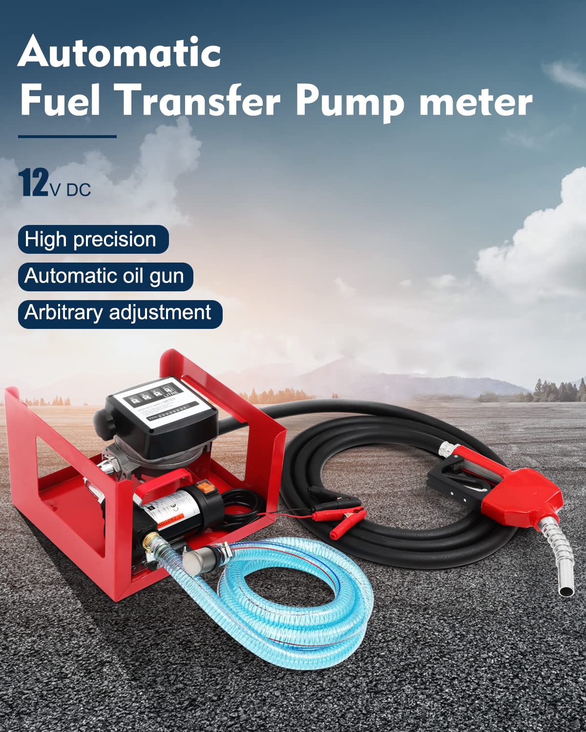 FAHKNS Electric Diesel Fuel Transfer Pump Automatic 12V DC 155W 45L/min W/Meter, With Fuel Dispensing and Suction Hose,Dispenser Nozzle,Fuel Flow Meter