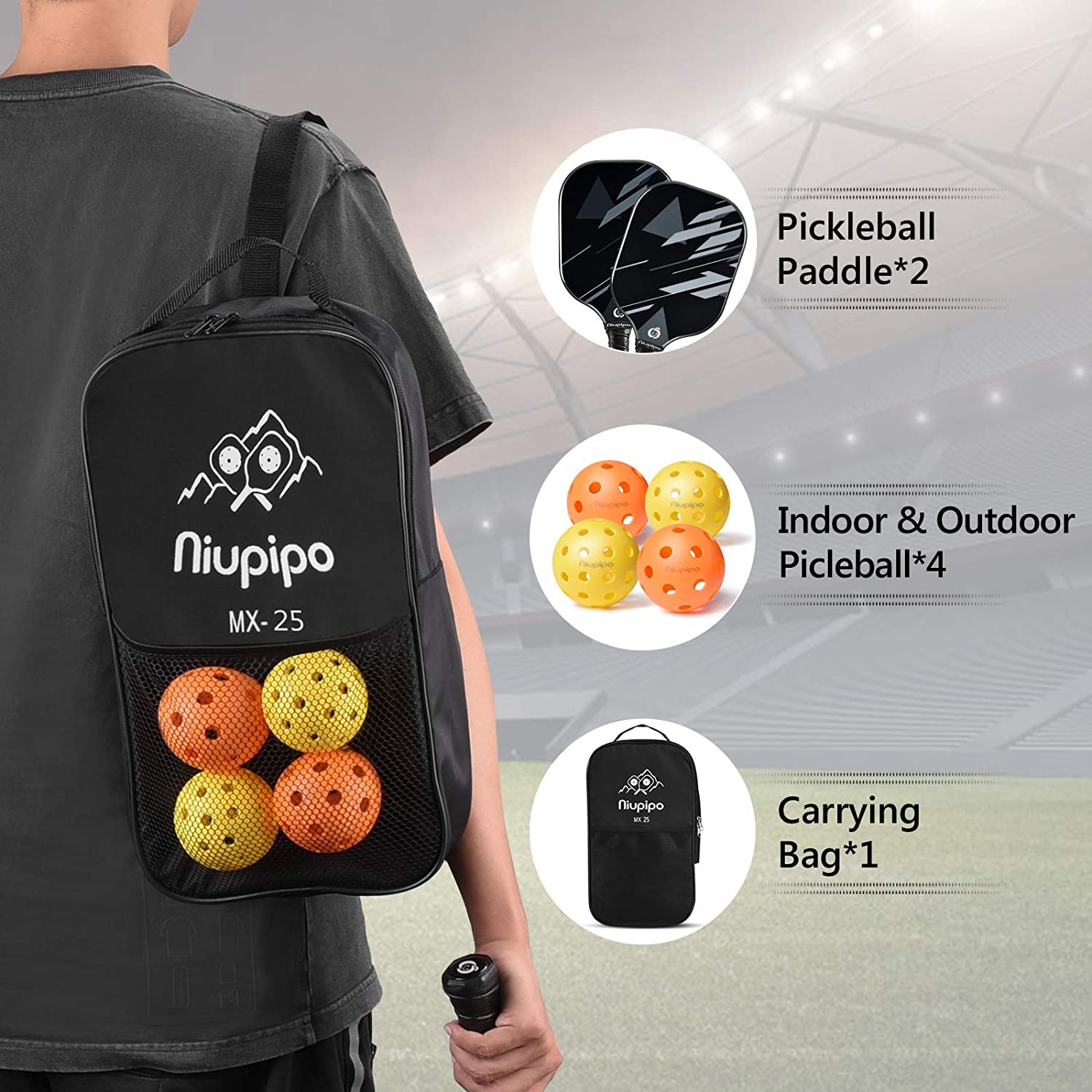 niupipo Pickleball Paddles, Lightweight Pickleball Rackets w/Fiberglass Surface, Fiberglass Surface, Pickleball Set of 4 Balls and 1 Pickleball Bag