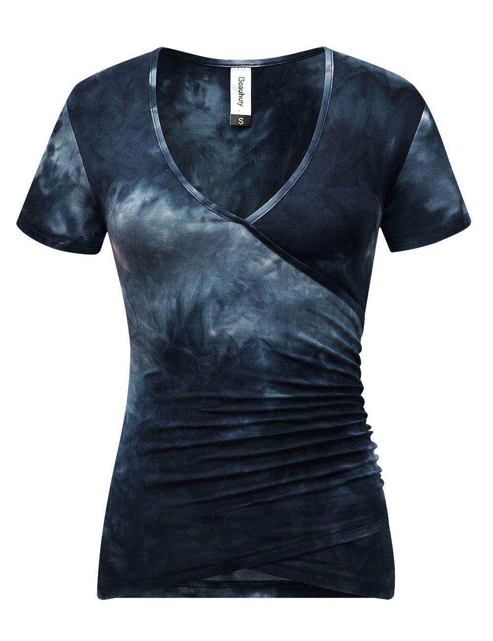 Beauhuty Womens Tie Dye T-Shirts Ruched Soft Slim Fit Tees Short Sleeves Deep V Neck Surplice top (XXL, Short-Tie Dyed Royal Blue)