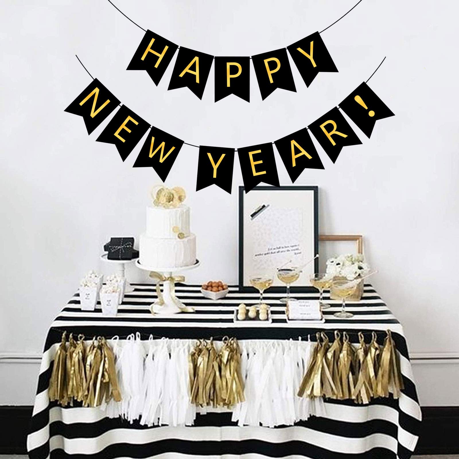 FECEDY Happy New Year Banner Black Bunting with Gold Alphabet for New Year Party Supplier Eve Party Decorations