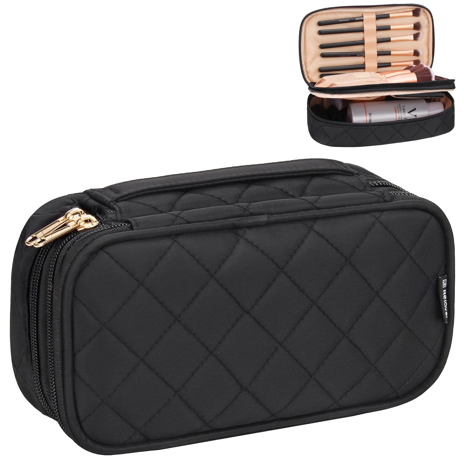 Relavel Makeup Bag, Small Makeup Bag for Women, Travel Cosmetic Bag, 2 Layers Waterproof Makeup Organizer Storage with Makeup Brush Holder, Black