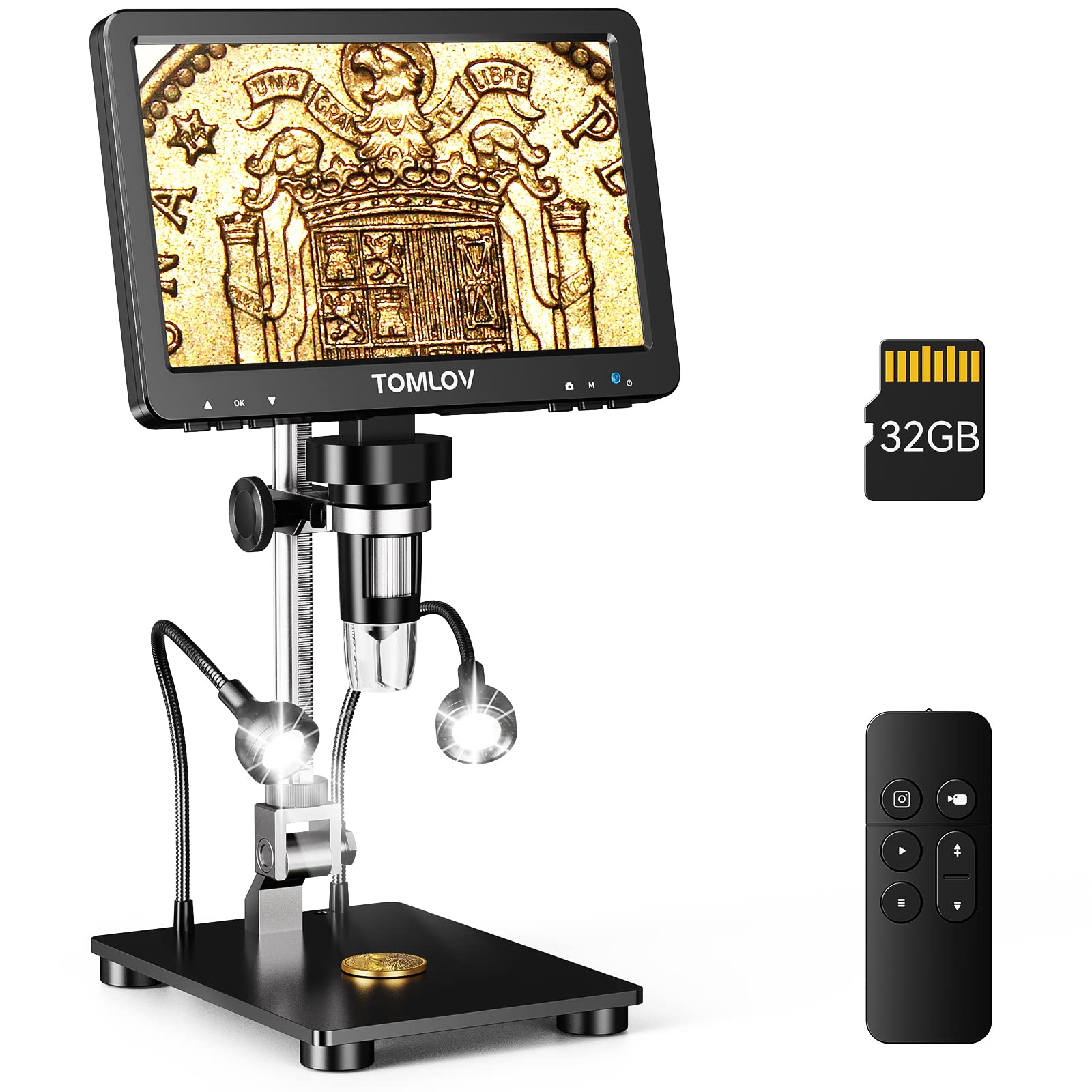 TOMLOV DM9 Pro 7" HDMI Digital Microscope 1200X with IPS Screen, 1080P 16MP Coin Microscope Magnifier for Entire Coin View, LCD Soldering Microscope for Adult, 10 LED Lights, PC/TV Compatible, 32GB