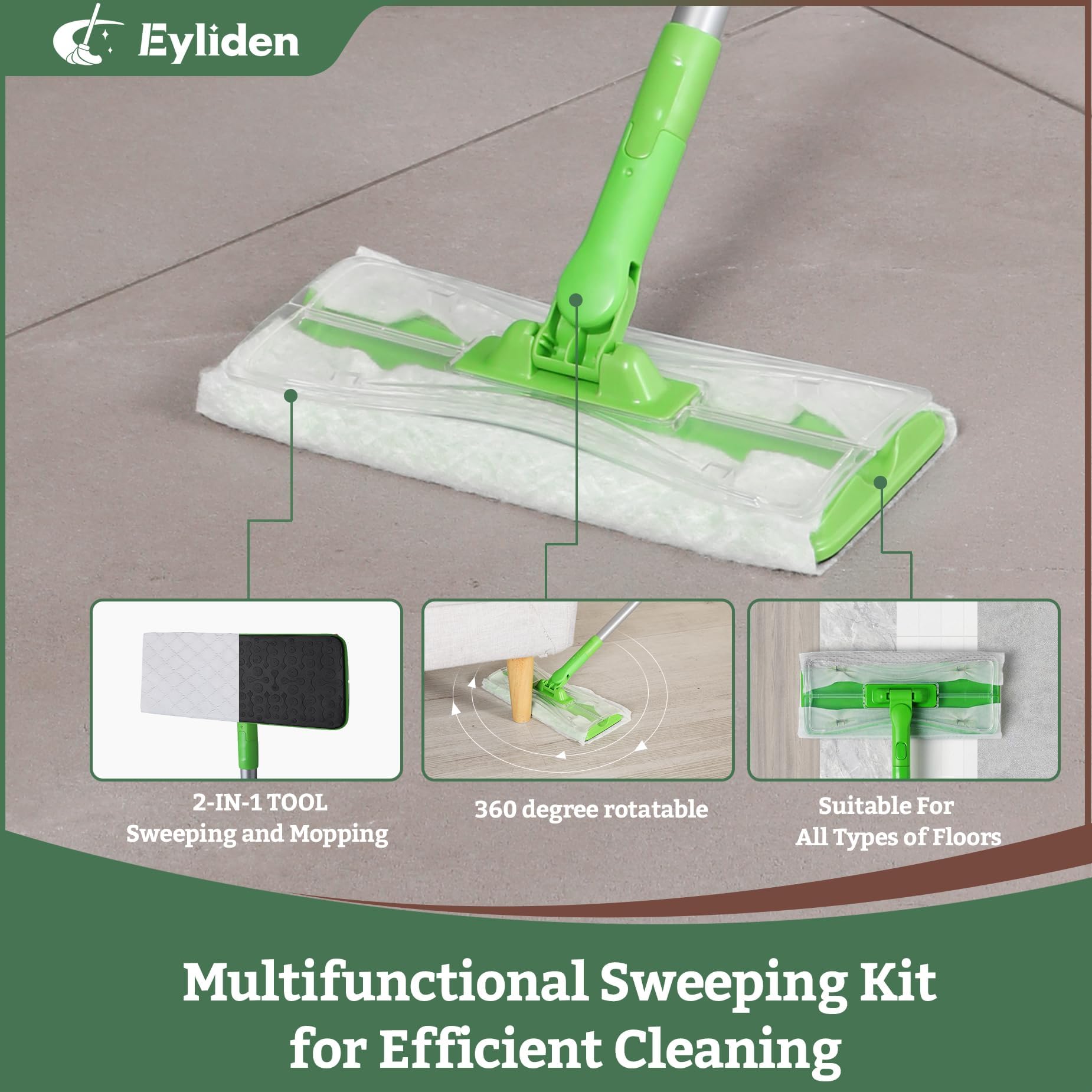 Eyliden Sweeper Mop, Wet & Dry Mops for Floor Multi Surface Cleaning, Disposable Dust Mop Starter Kit with 36 Refills - 12 Wet Mop Cloths, 12 Heavy-Duty Pet Hair Mop Pads, 12 Dry Sweeping Cloths