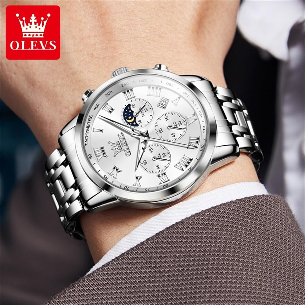 OLEVS Men Analog Quartz Watches Fashion White Dial Watches for Men Chronograph Watches Sliver Stainless Steel Watches Men Day Date Watches Mens Waterproof Watches Roman Numerals Watches Luxury