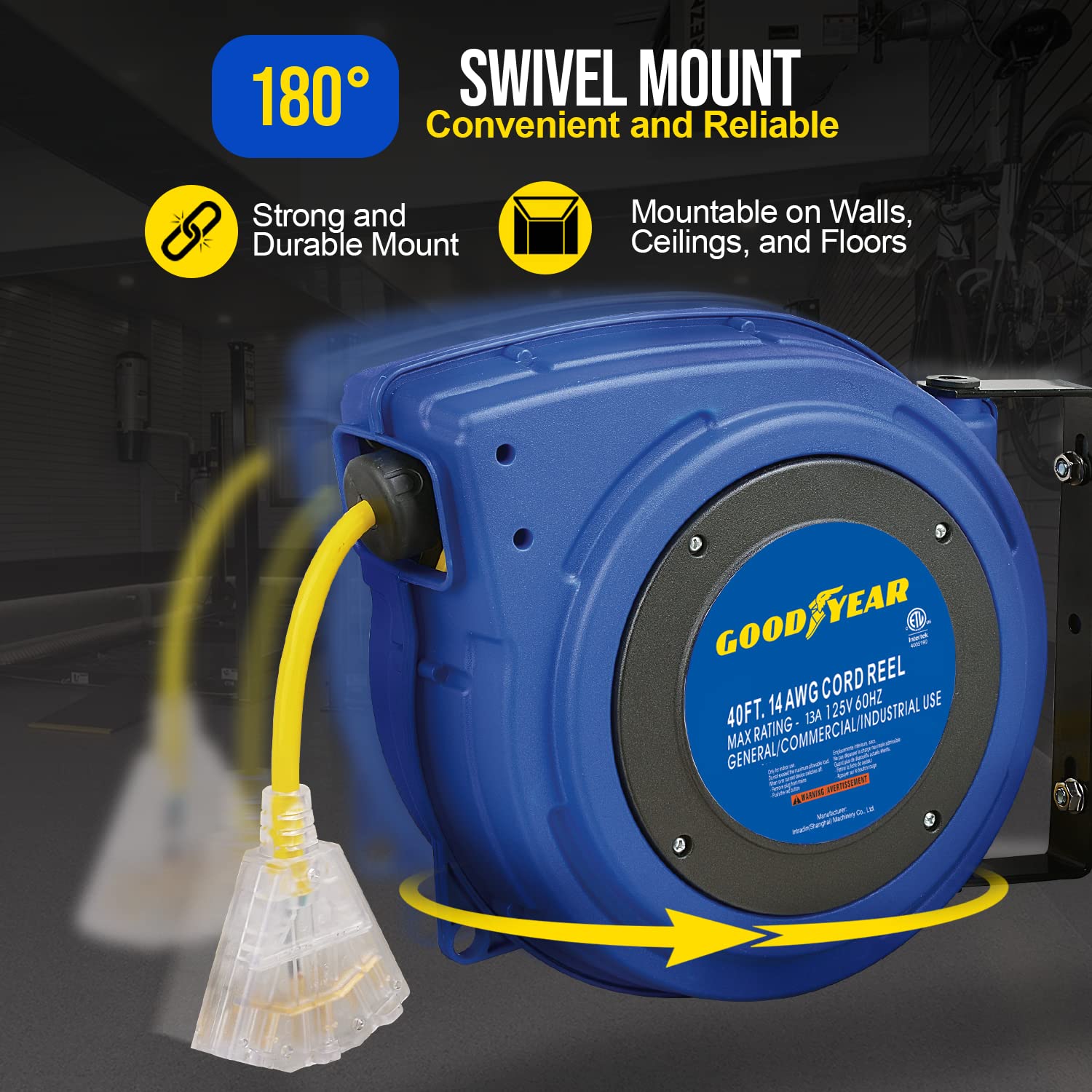 GOODYEAR Extension Cord Reel Extra Long 40 ft 14AWG 3C SJTOW, Triple Tap Connector, Heavy Duty, Slow Retraction Stop At Any Point