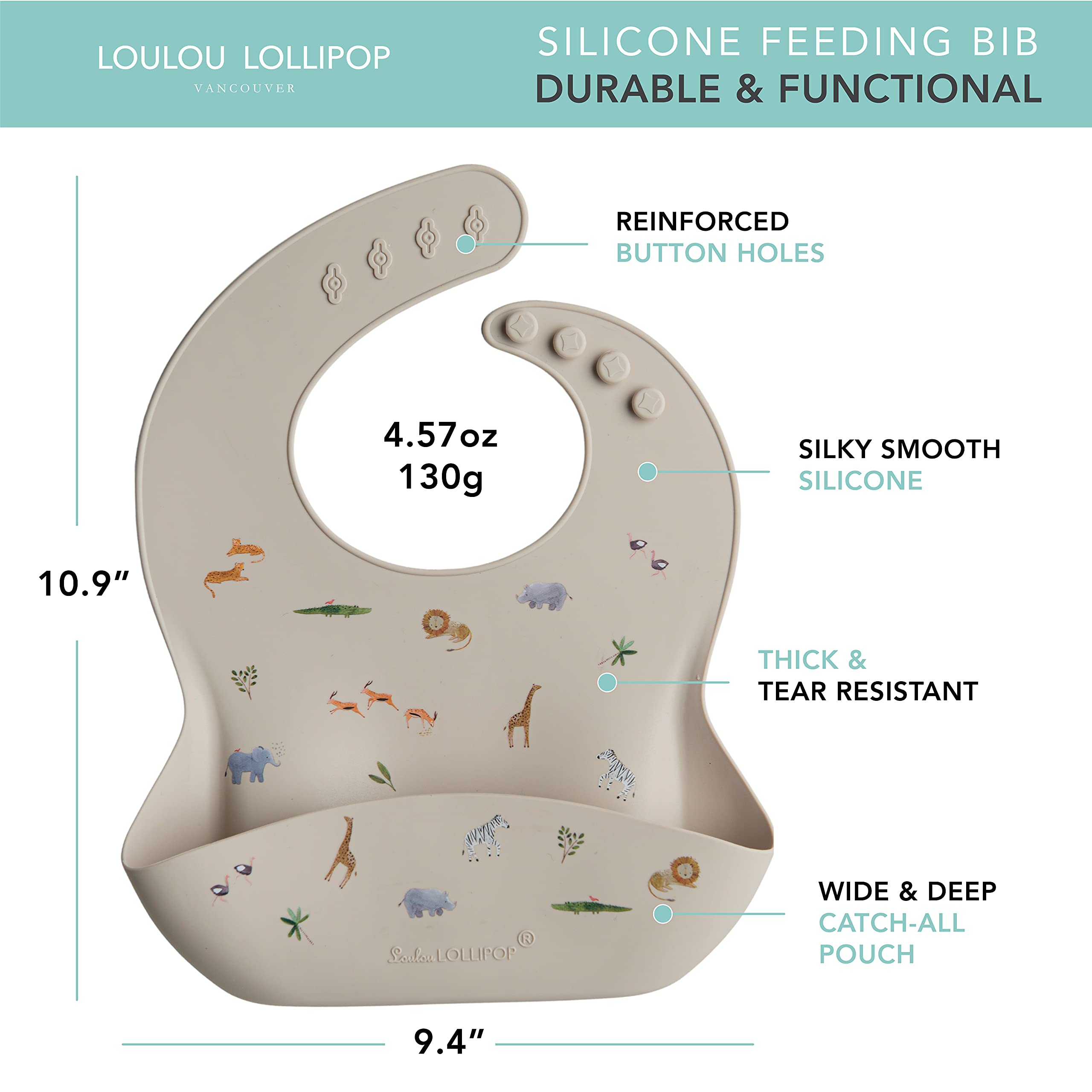 Loulou Lollipop Soft, Waterproof Silicone Feeding Bib for Babies and Toddlers 3 to 36 Months, Easy to Clean, Adjustable Fit and Catch-All Pouch - Safari