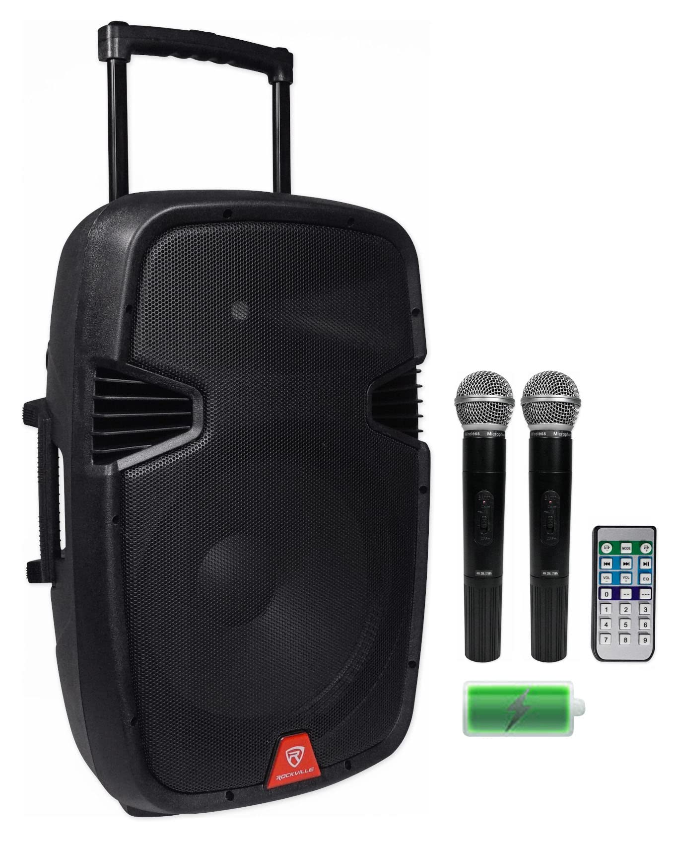 Rockville RAM15BT 15" Rechargable Powered 800W PA Speaker+2 Mics+Bluetooth+Stand