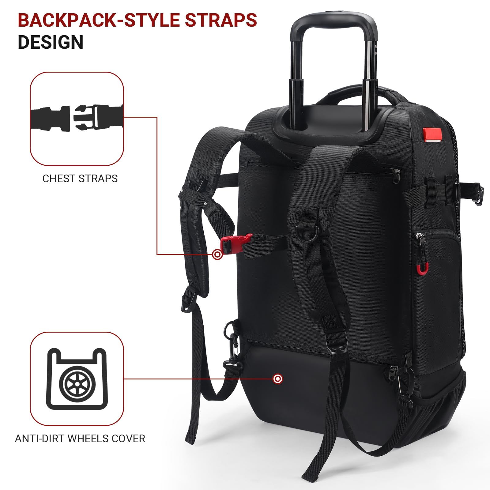 Rolling Backpack with Wheels - Water-Resistant, Comes with 2 Extra Replacement Wheels. Airline Approved Underseat Travel Luggage, Ideal 18*14*8 Personal Item Suitcase Backpack, Fits 15.6 Inch Laptop