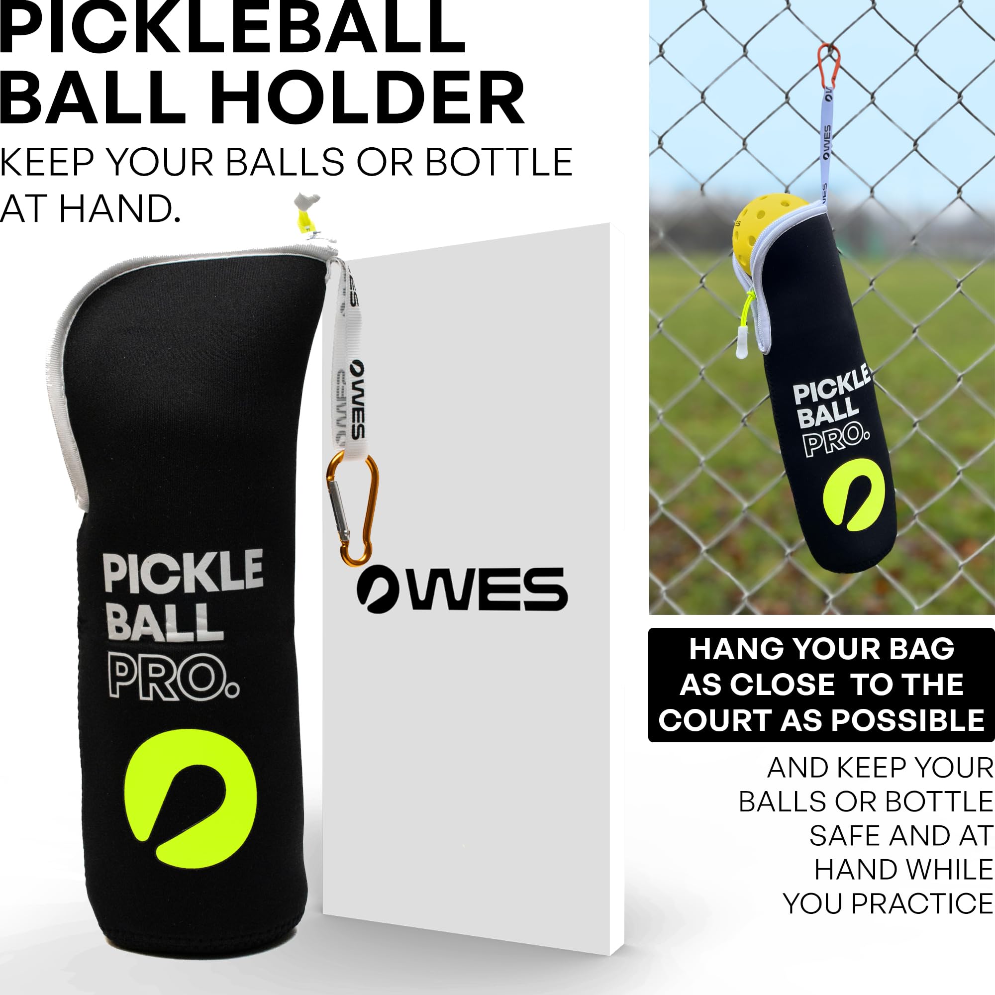 WES Pickleball Ball Holder - with Metal Hook for Fence/Backpack | Pickleball Pro Neoprene Pickleball Holder for Balls | Pickleball Ball Bag