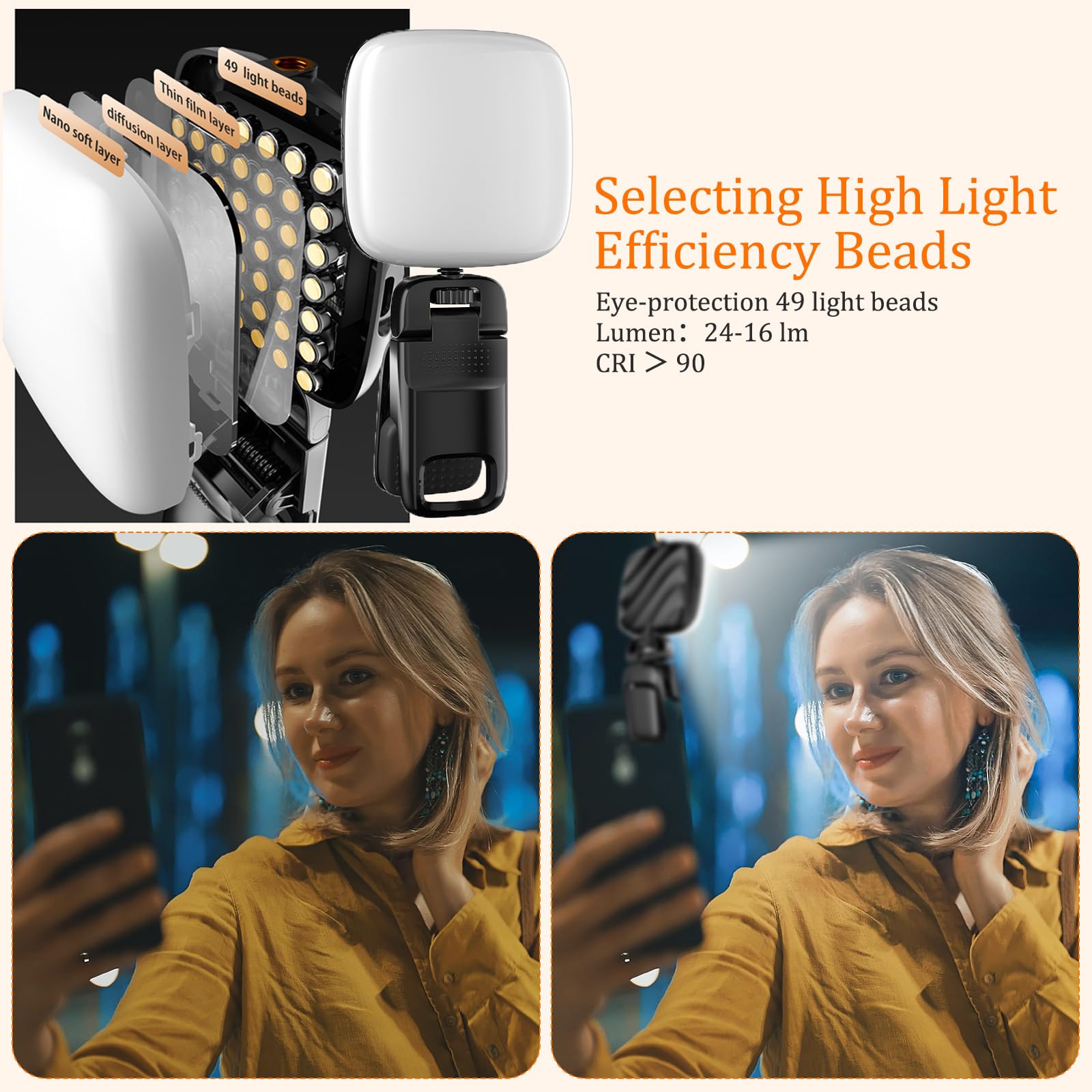 Uonnet Rechargeable Selfie Light, 2500-6500K LED Video Light with Front & Back Clip, Phone Light Clip Adjusted 3 Modes for iPhone/Laptop/ipad/Camera/TiKTok/Volg/Video Conferencin/Selfie