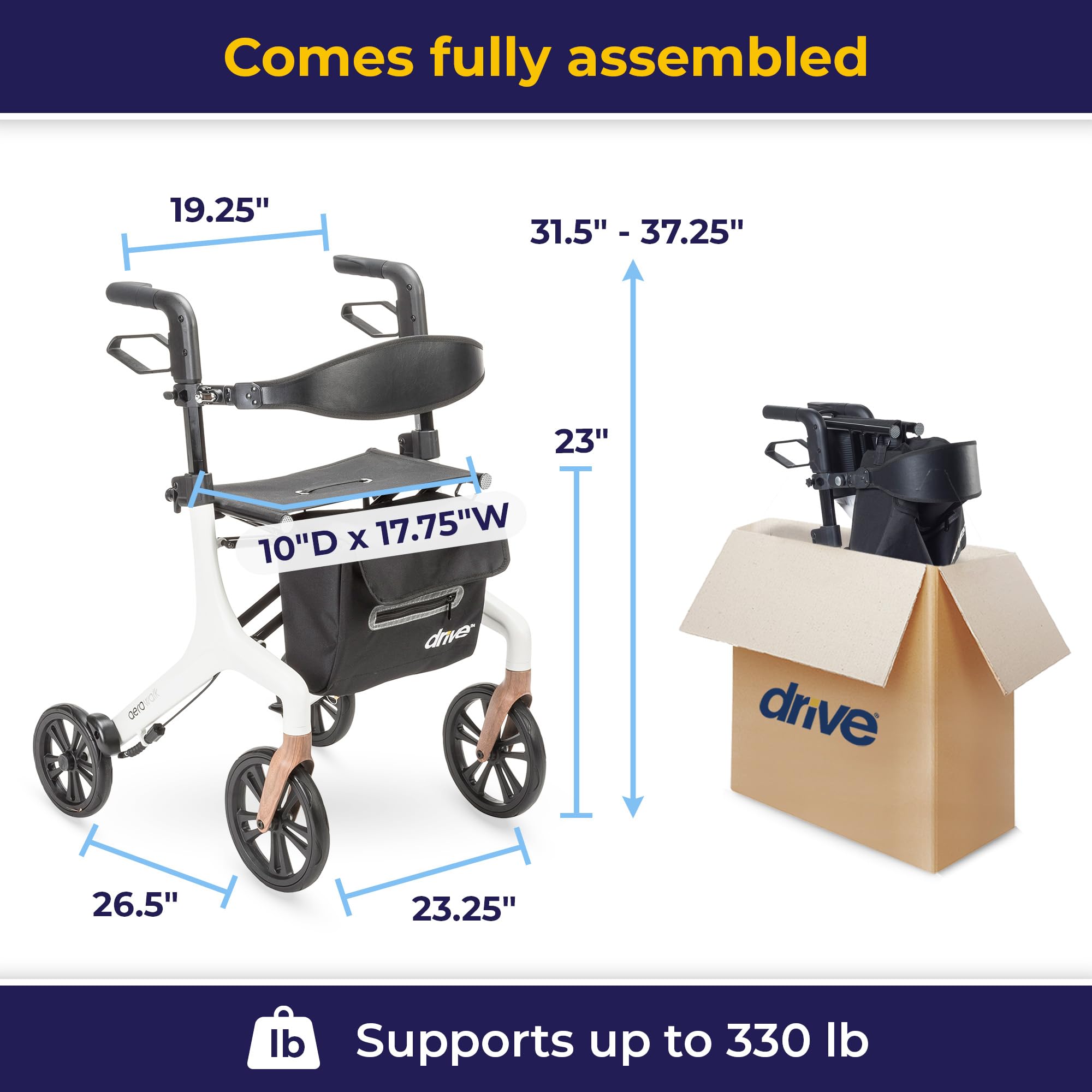 Drive Medical AeroWalk Ultra-Lite Rollator with Seat, Lightweight Adult Walkers with 4 Wheels, Folding Rolling Walker for Women, Men and Seniors, 15.2 Pounds, 23 Inch Seat Height, White
