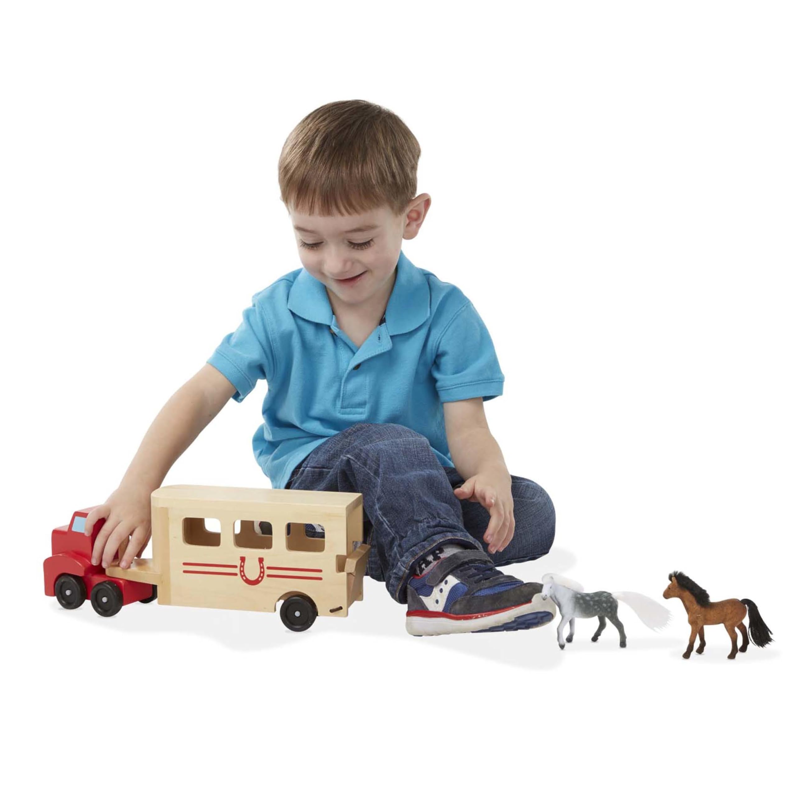 Melissa & Doug Horse Carrier Wooden Vehicle Play Set With 2 Flocked Horses and Pull-Down Ramp Horse Figures, Wooden Trailer Toy For Kids Ages 3+