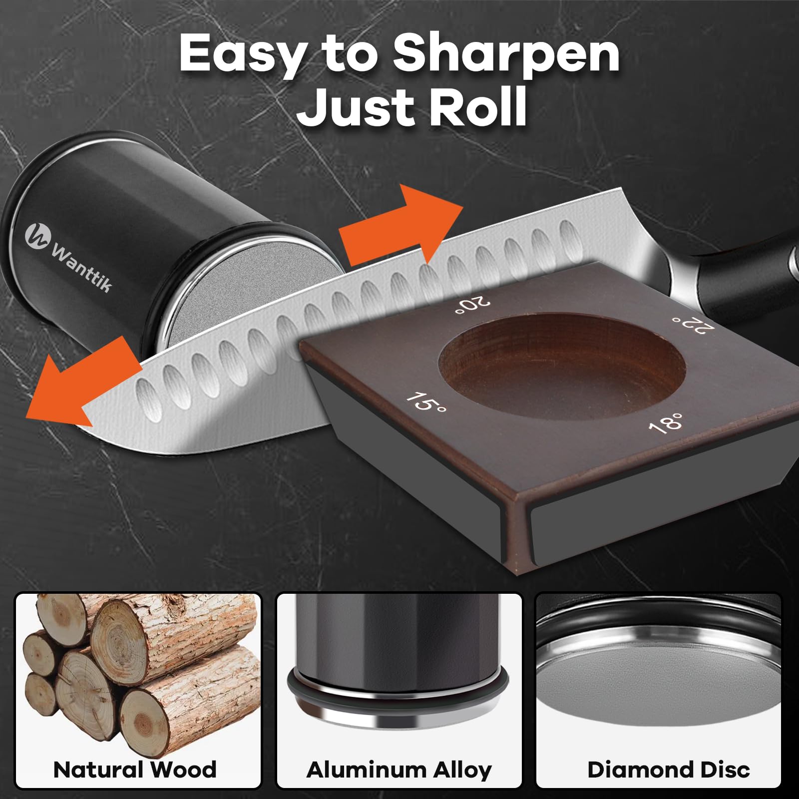 WANTTIK Rolling Knife Sharpener Kit, Upgraded Roller Knife Sharpener with Leather Strop for Kitchen Knives, 4-Disc Rolling Stone Sharpener with 15&18&20&22 Degree Sharpening, Black