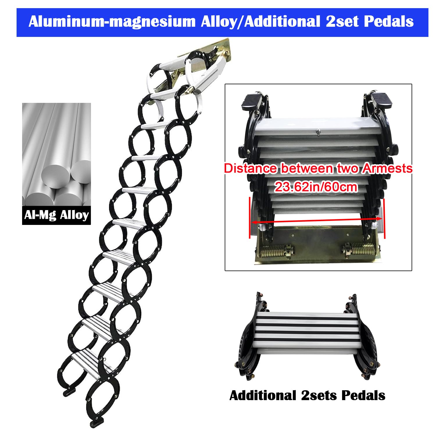 Black Folding Ladder Extension Loft Stairs Narrow Wall-Mounted Attic Loft Stairs Attic Stairs 8.2-9.8ft Vertical Height Pulldown Wall Telescopic Fold Ladder 21.2x5.5in Size, 10+2=12 Steps