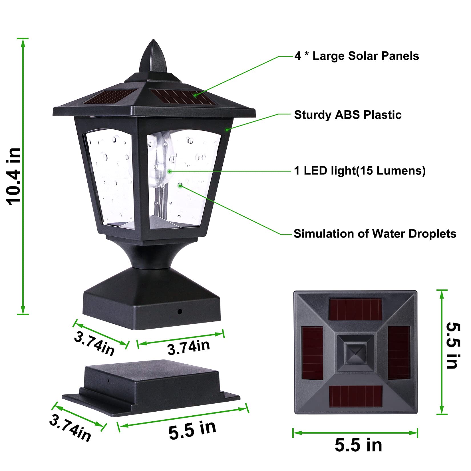 Solar Post Lights Outdoor, Solar Lamp Post Cap Lights, Waterproof Fence Post Solar Lights for Wood Fence Deck Patio Garden Outside Decorative, Fit on 4x4 Wood Posts, 15 Lumens, Black (2 Pack)