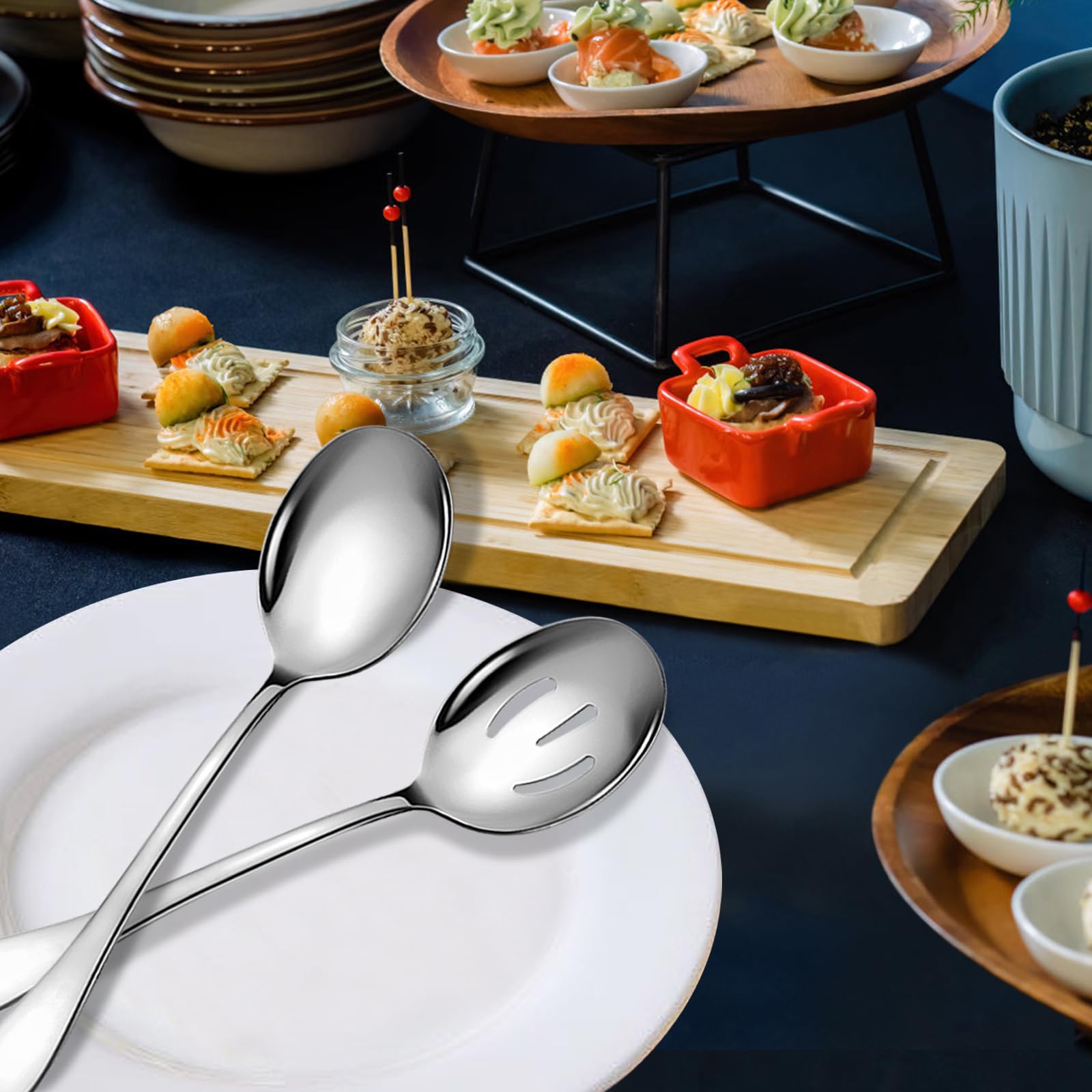 Keyoxy Stainless Steel Serving Spoons Set, 6pc, 10-Inch, Includes 3 Large, 3 Slotted, for Parties/Kitchen/Buffet/Catering, Dishwasher Safe