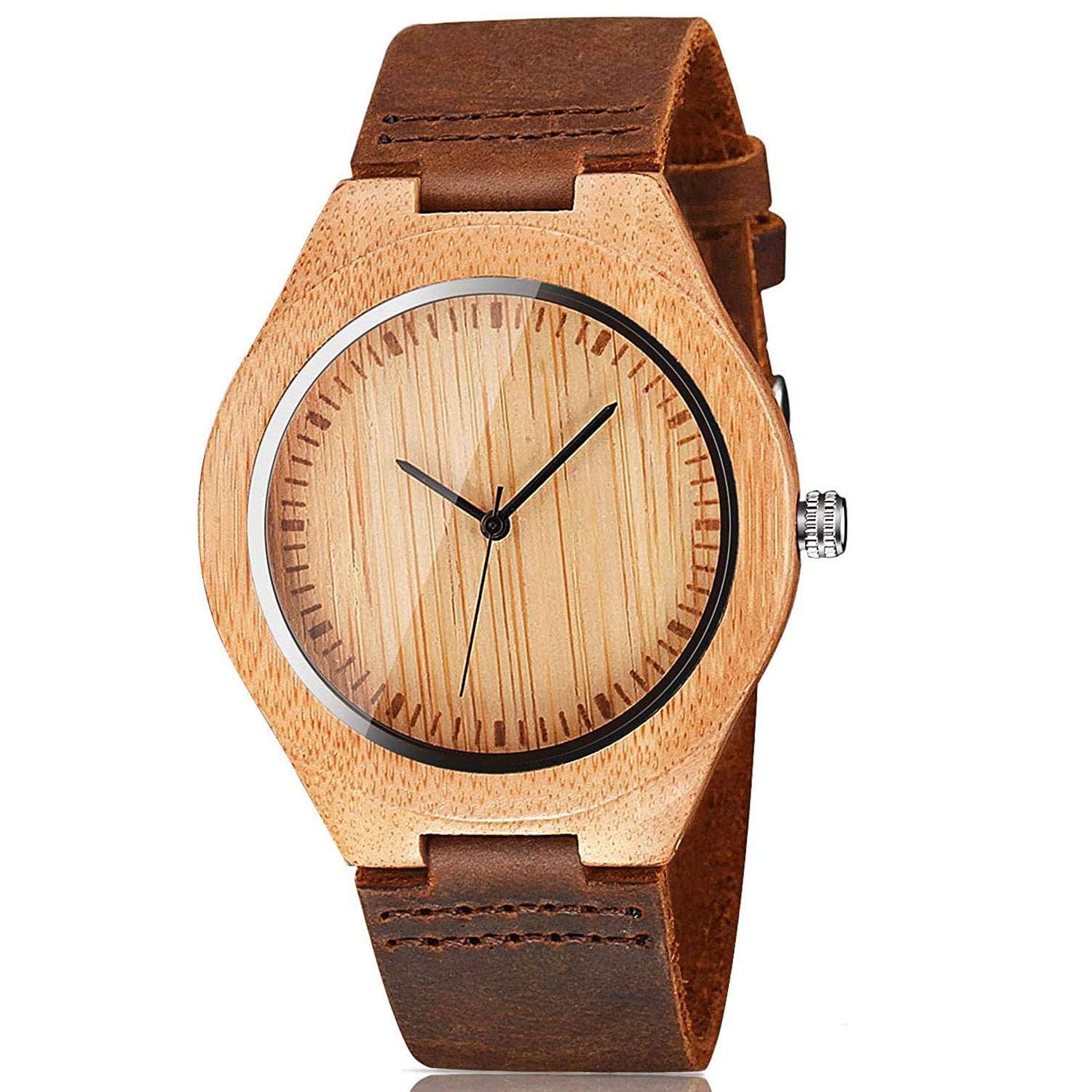 CUCOL Mens Wooden Watches Brown Cowhide Leather Strap Casual Watch for Groomsmen Gift with Box