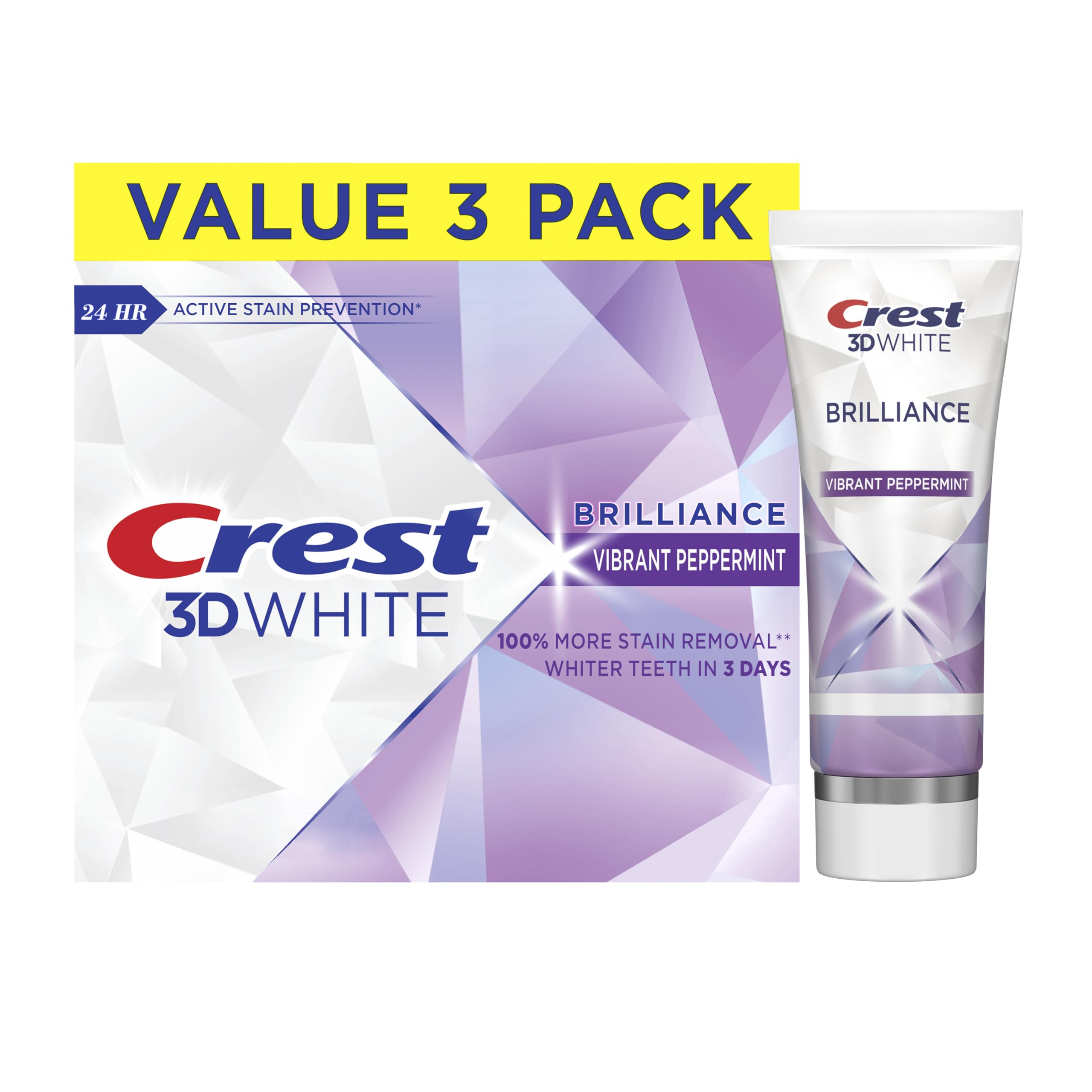 Crest 3D White Brilliance Vibrant Peppermint Teeth Whitening Toothpaste, 4.6 oz Pack of 3, Anticavity Fluoride Toothpaste, 100% More Surface Stain Removal, 24 Hour Active Stain Prevention