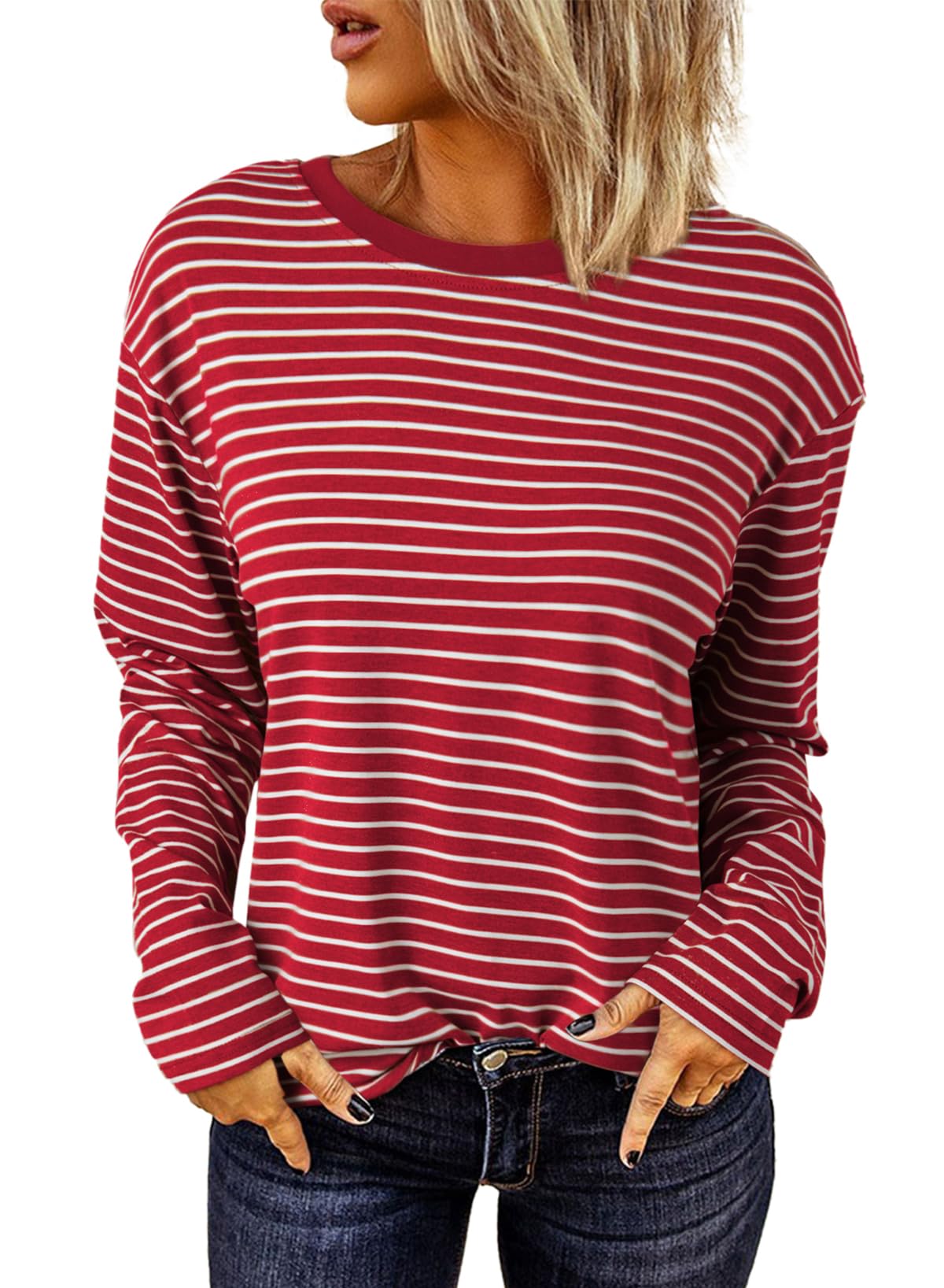 Dokotoo Shirts for Women Crew Neck Striped Long Sleeve Tops Casual Loose Fit Business Shirt Womens Clothes Fall Fashion 2024 Red Stripe XX-Large