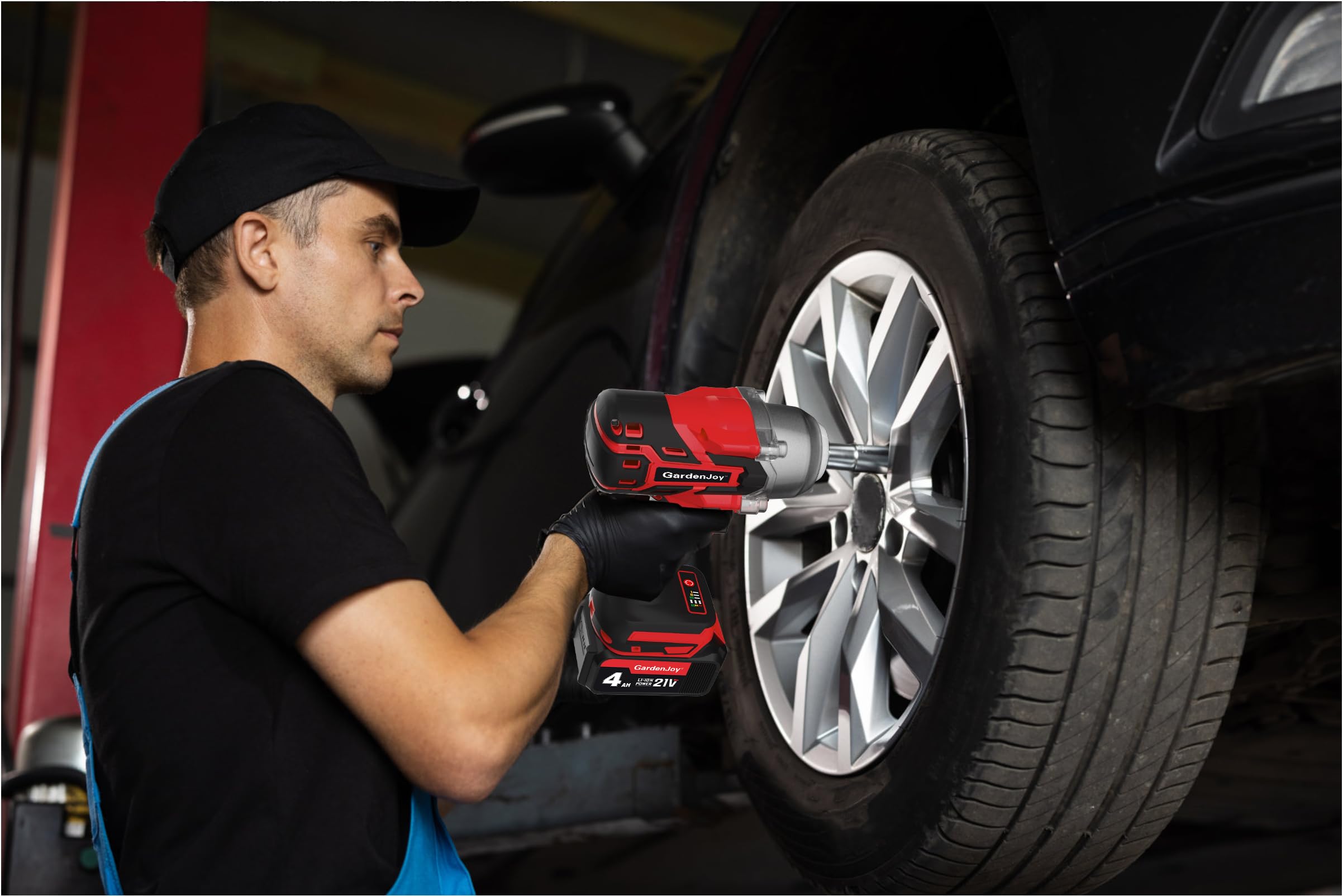 GardenJoy 1/2-Inch Cordless Impact Wrench: 21v Brushless Power Wrench Max Torque 450 Ft-lbs with 3 Mode Speed, 4.0Ah Battery, Charger, 6pcs Sockets and Tool Case, Electric Impact Gun Kit for Car Home