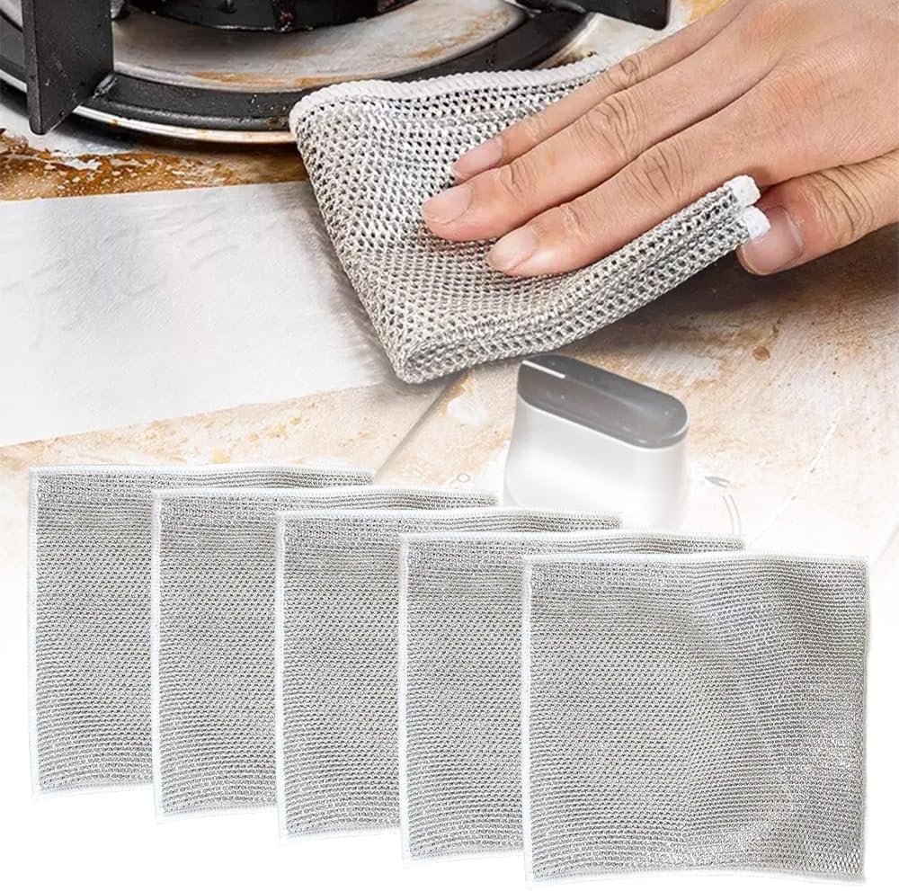 Multipurpose Wire Dishwashing Rags for Wet and Dry, 2024 Reusable Non Scratch Metal Wire Dishcloth, Upgrade Metal Scrubbing Pads Sponge Clean for Home Kitchen Stove Tops (5Pcs)