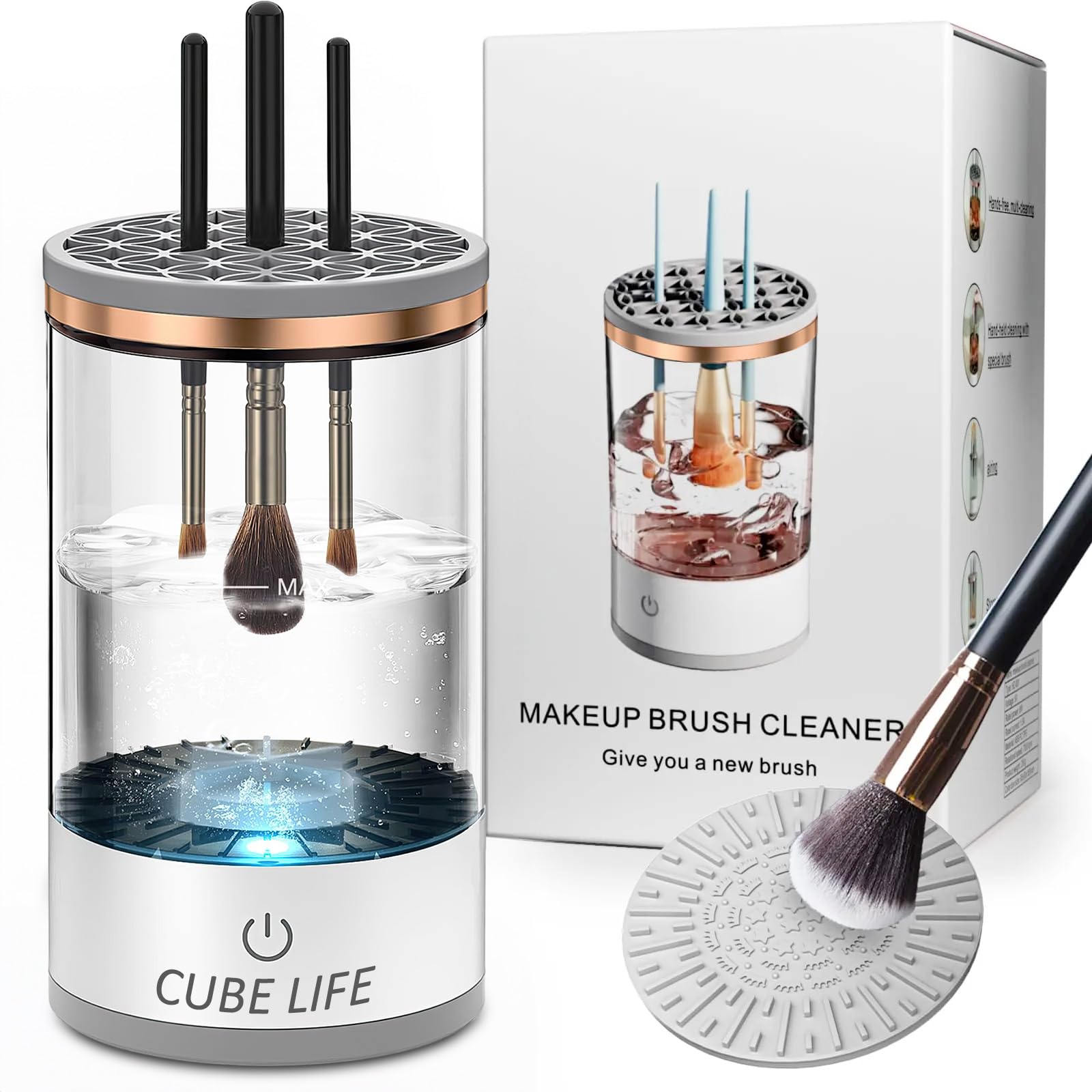 CUBE LIFE Electric Makeup Brush Cleaner, 1200mAh Cosmetic Brush Cleaner Machine, Protable Electric Makeup Brush Cleaner, Automatic Spinning Makeup Brush Cleaner Fit For All Size Makeup Brush