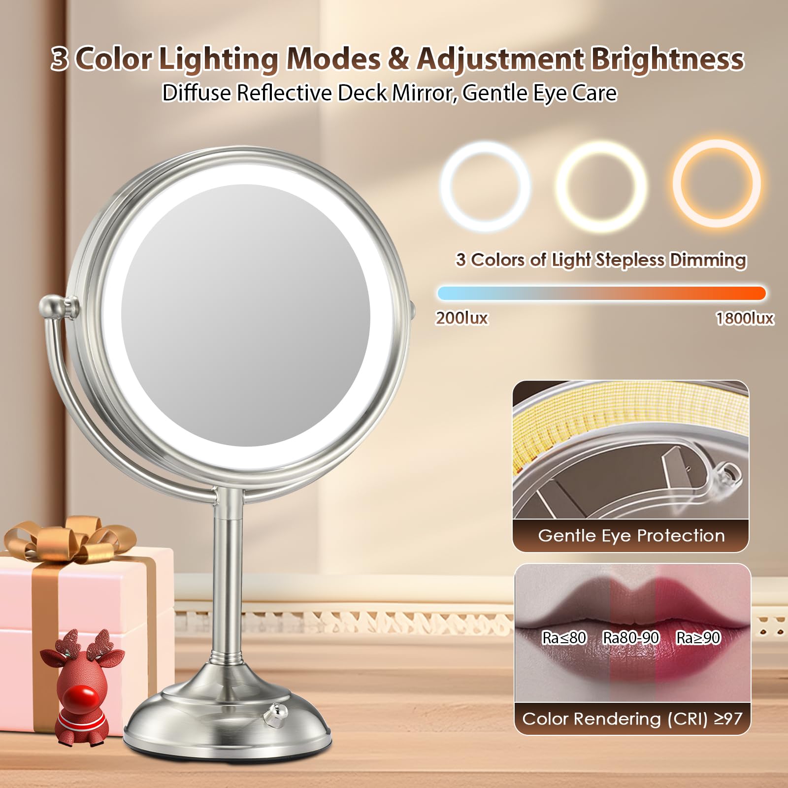 Professional 8.5" Large Lighted Makeup Mirror with Brighter Lights, 1X/10X True HD Magnifying Mirror with 3 Color Dimmable Lights, 80 Shadowless LEDs, 360°Swivel Seamless Vanity Mirror, Pearl Nickel