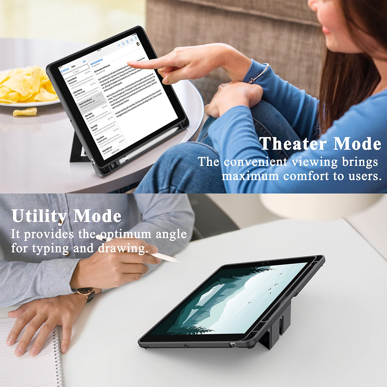 Soke Case for iPad 9th Gen 2021/ iPad 8th Gen 2020/ iPad 7th Gen 2019 with Pencil Holder, Translucent Frosted Back Cover with Multi-Viewing Angles, Silm Protective Case for iPad 10.2 Inch,Black