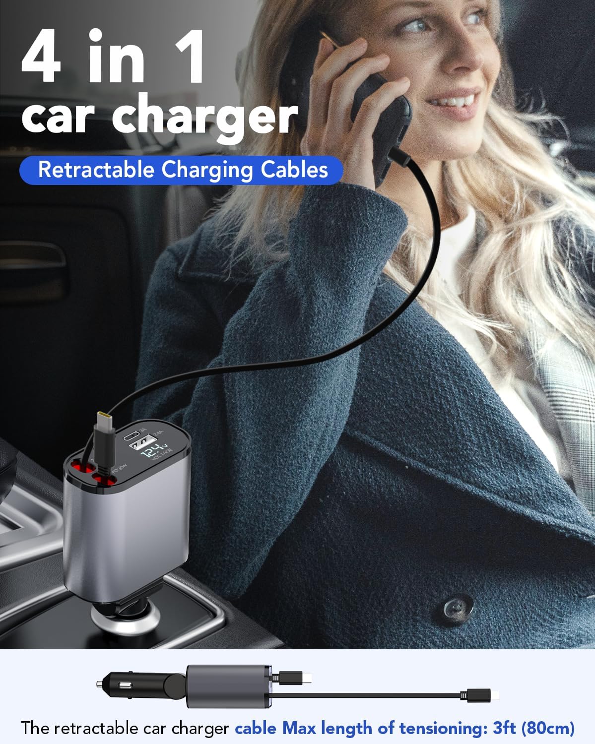 Retractable Car Charger, 4 in 1 Fast Car Phone Charger 66W, 2 Retractable Cables and USB Car Charger, Compatible with iPhone 16/15/14/13/12/11,Galaxy,Pixel