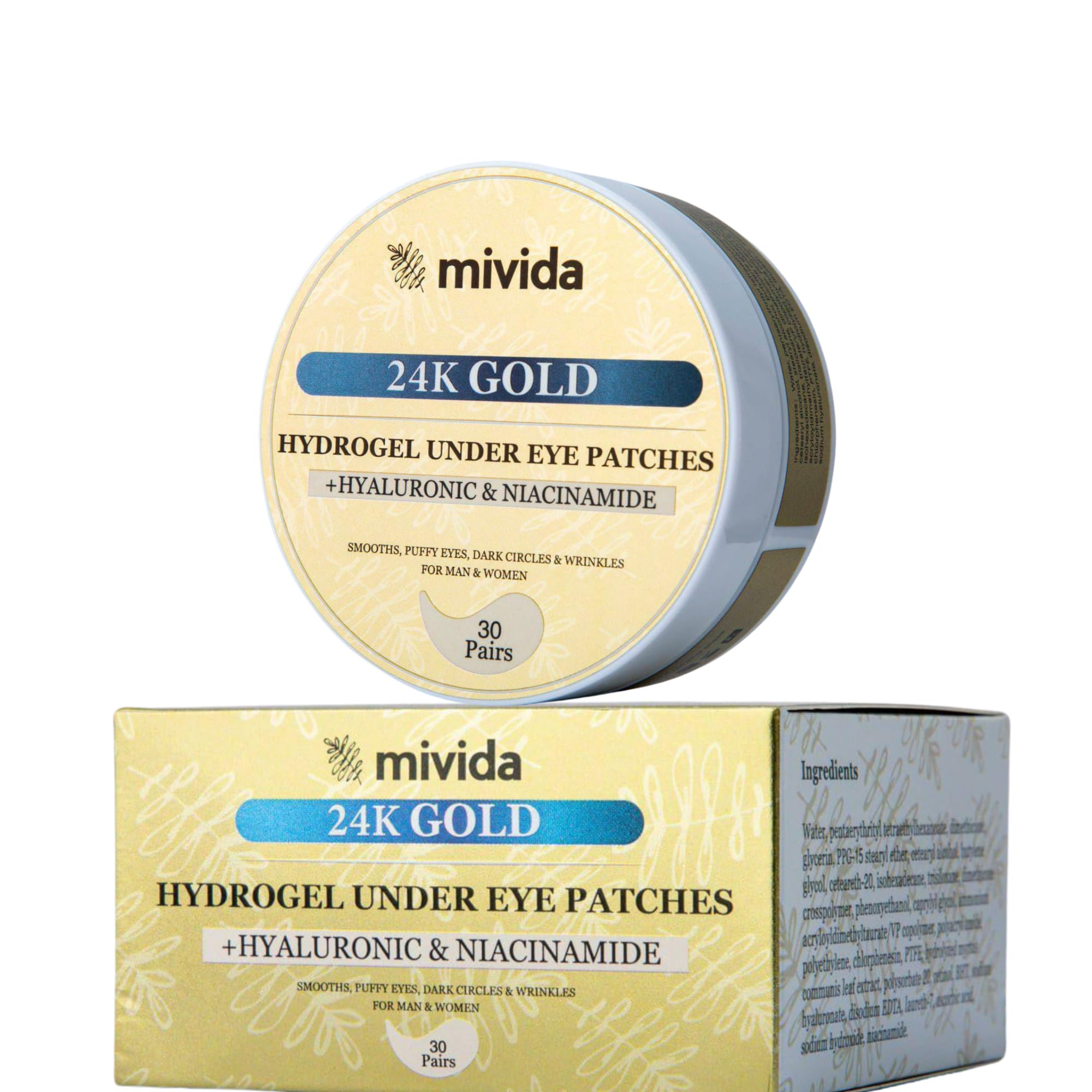 mivida Under Eye Patches 24K Gold with Hyaluronic-Acid•Niacinamide | Biodegradable 60 PCs for Under Eye Puffiness, Dark Circles & Wrinkles