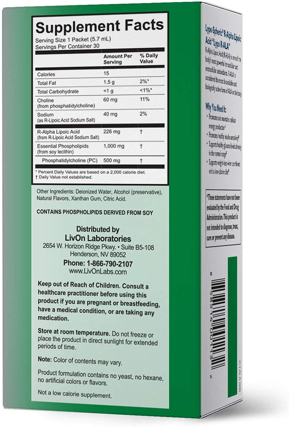 LivOn Laboratories Lypo-Spheric R-Alpha Lipoic Acid - 30 Packets - 226mg Per Packet - Liposome Encapsulated for Maximum Bioavailability - 100% Non-GMO