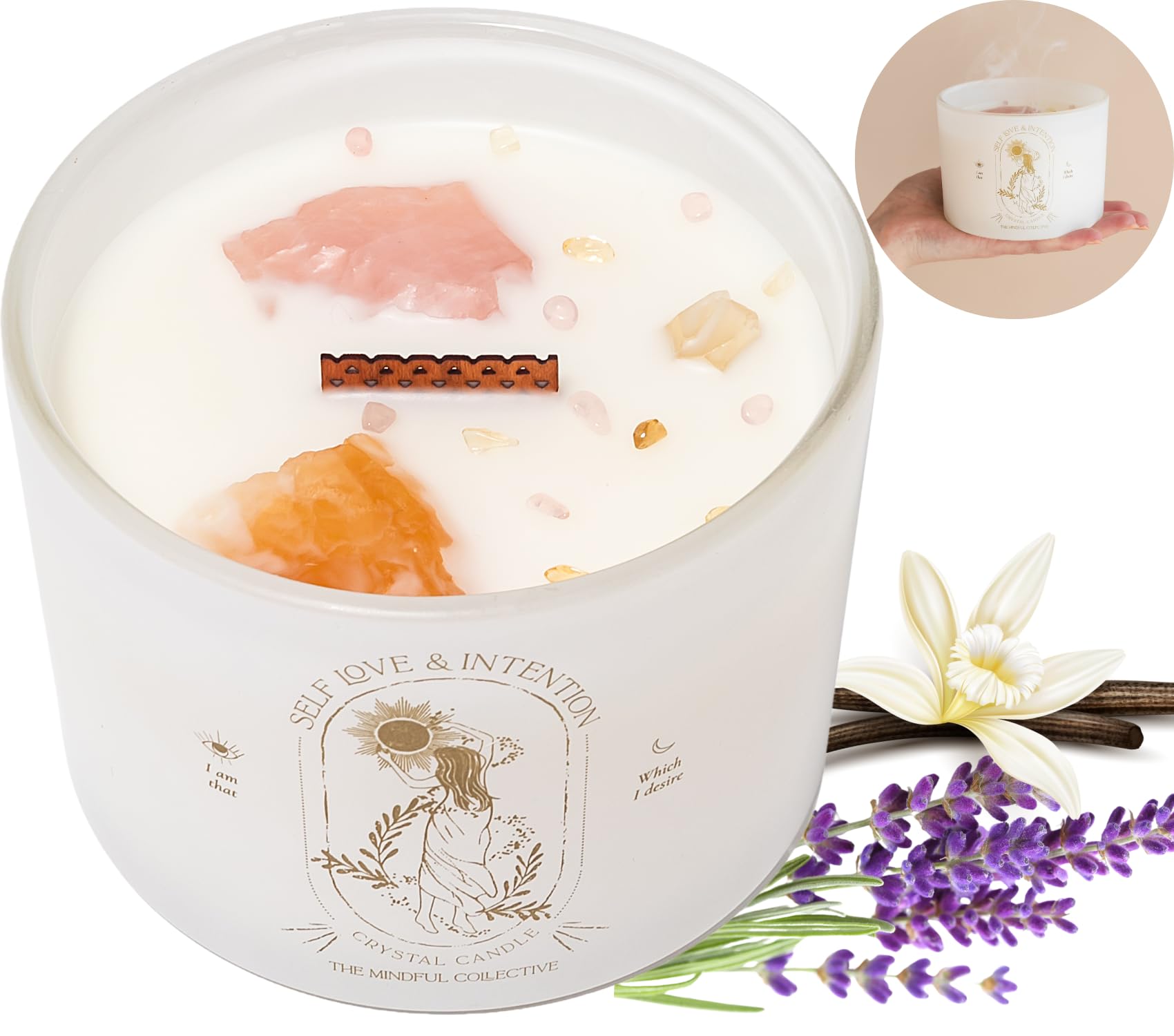 Healing Crystals Candle - 12oz Wood Wick Candles that Crackle. Crystals and Healing Stones Aromatherapy Candle, Soy Candle Non Toxic. Lavender Vanilla Candle for Home Scented Spiritual Gifts for Women