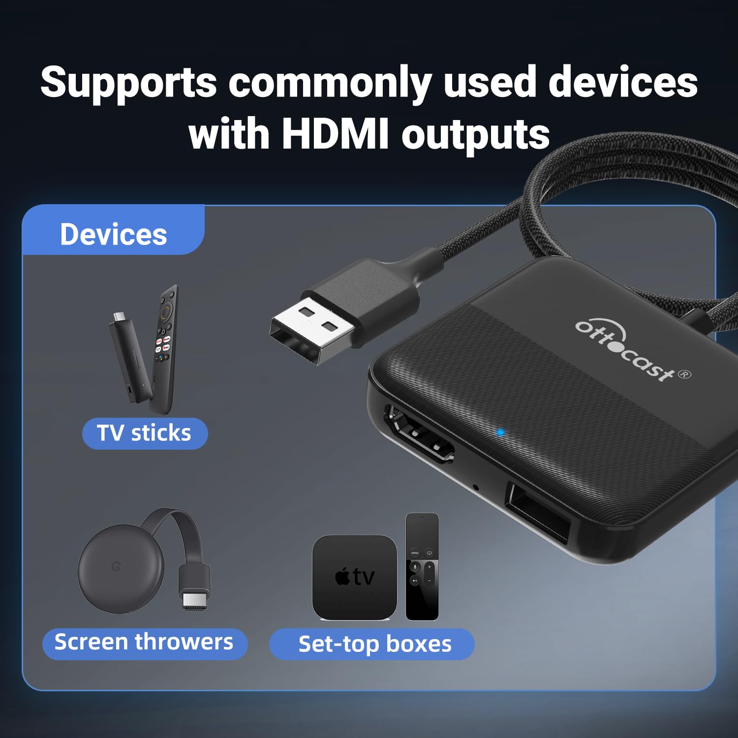 OTTOCAST Car TV Mate - Fire TV Stick Converter for Car - Plug & Play, Stable Fast, No Latency - Compatible with SetTop Box, Switch, etc - HDMI to USB Port Converter for The OEM Factory CarPlay Cars