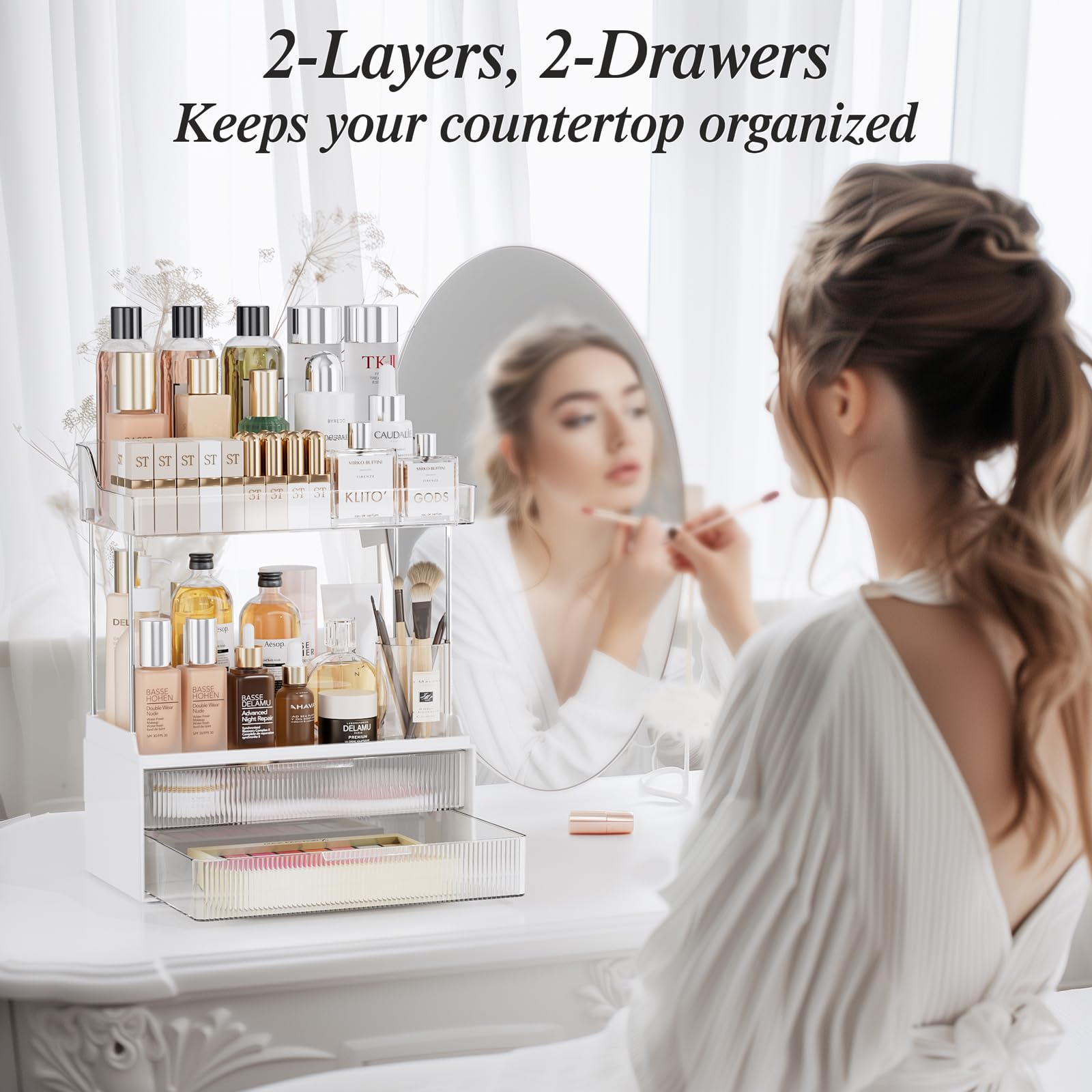 TidyStash 2-Tier 2-Drawer Bathroom Counter Organizer, Elegant Makeup Organizer, Ideal for Present, Easy to Install, Suitable as Bathroom Organizers and Storage, Vanity and Countertop Organizer, Clear