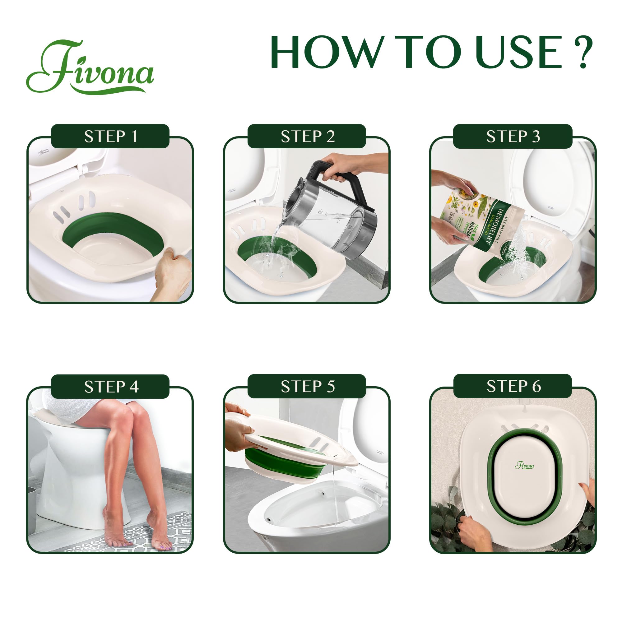 Fivona 2-in-1 Sitz Bath Soak Kit Over The Toilet Seat with Epsom Salt Blend with Essential Oils for Hemorrhoids and Postpartum Care Ideal for Perineal Soaking and Fast Irritation Relief