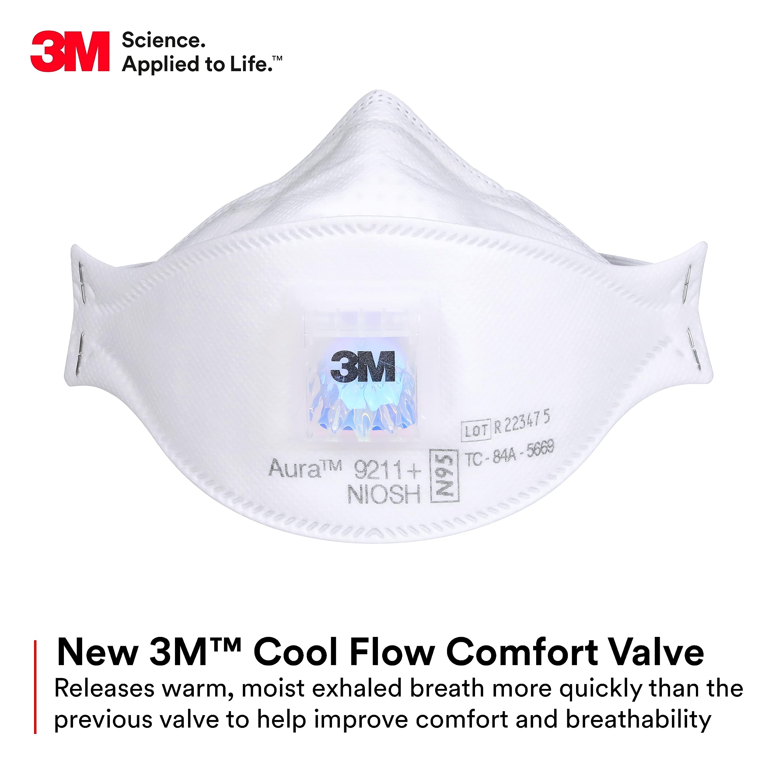 3M Aura Particulate Respirator 9211+, N95, Pack of 10 Disposable Respirators, Individually Wrapped, Cool Flow Valve, Flat Fold Design Allows for Facial Movement, NIOSH Approved, Comfort Plus, Dust