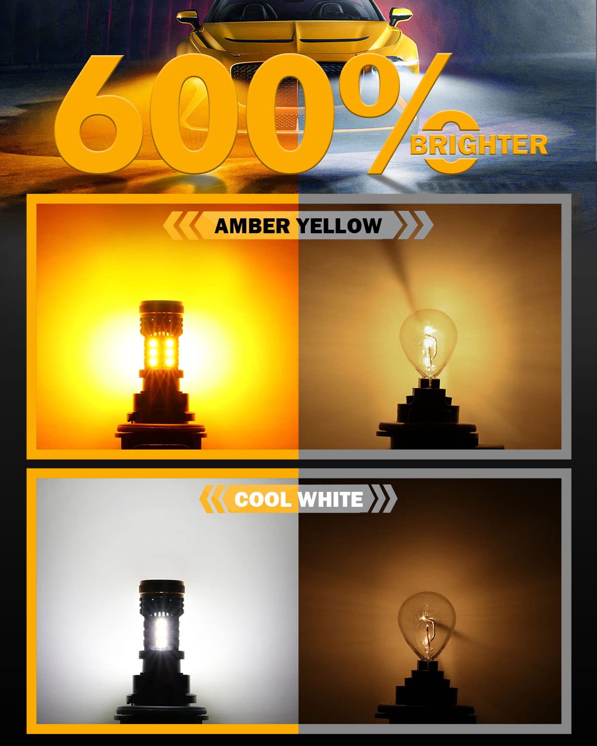 Auxbeam B21 Series 3157 Switchback LED Bulbs Built in Resistor CANBUS Error Free Anti Hyper Flash T25 3057 3457 4157 Bulbs White and Amber 600% Super Bright Turn Signal Light DRL Parking Light