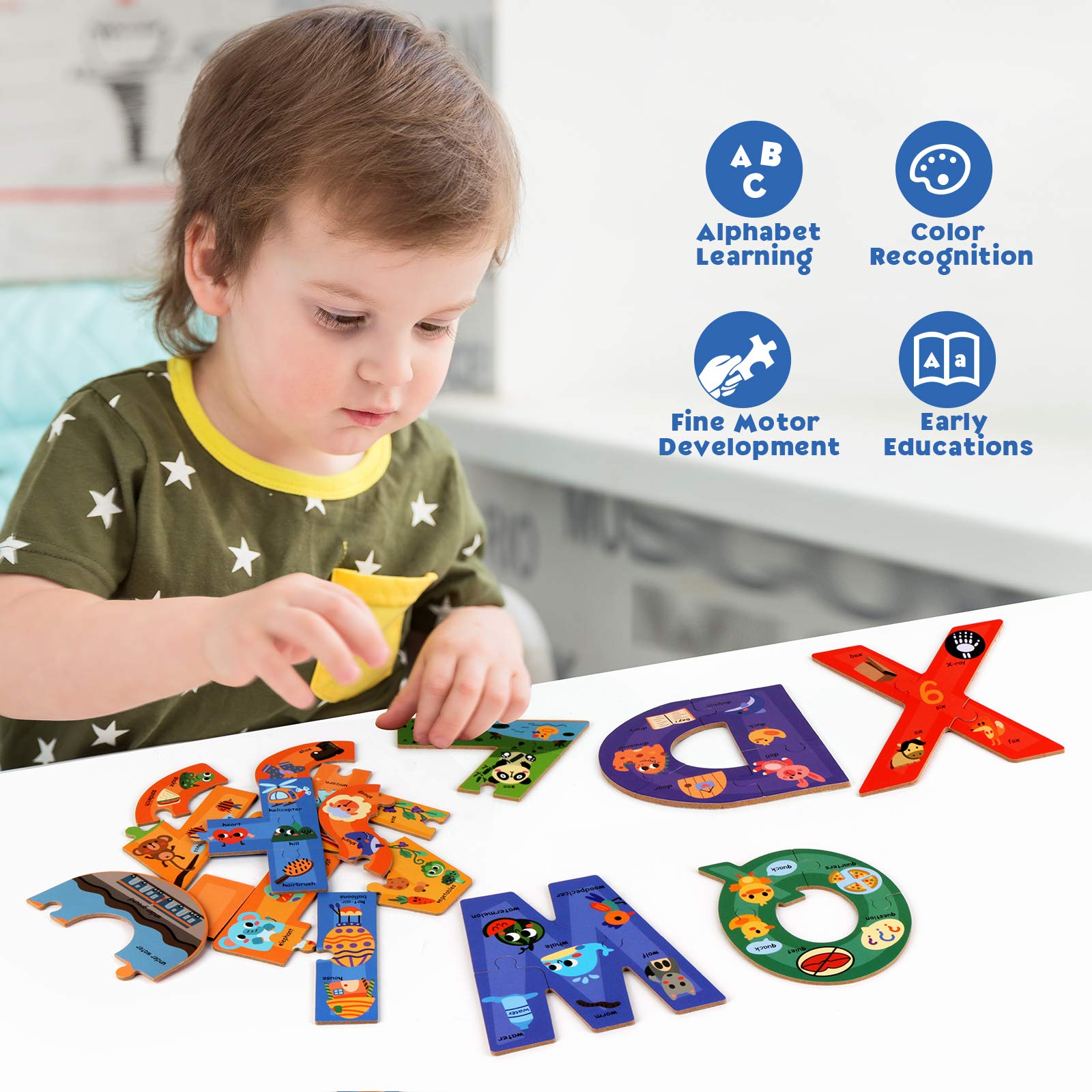 SYNARRY Wooden Alphabet Puzzles for Kids Ages 3-5, ABC Learning for Toddlers Ages 3+, Sight Words Letter Puzzles Montessori Toys Educational STEM for Preschool Boys Girls Kids Gifts