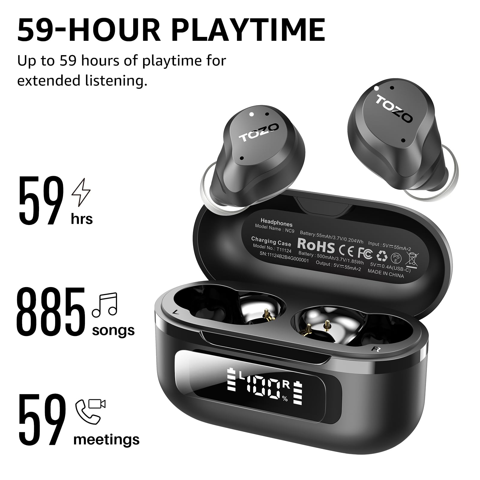 TOZO Hybrid Active Noise Cancelling Wireless Earbuds, 6 Mics ENC Clear Call, IPX8 Waterproof, in Ear Bluetooth 5.3 Headphones Stereo Bass Heasets 59H Playtime with LED Display 32 EQs via APP