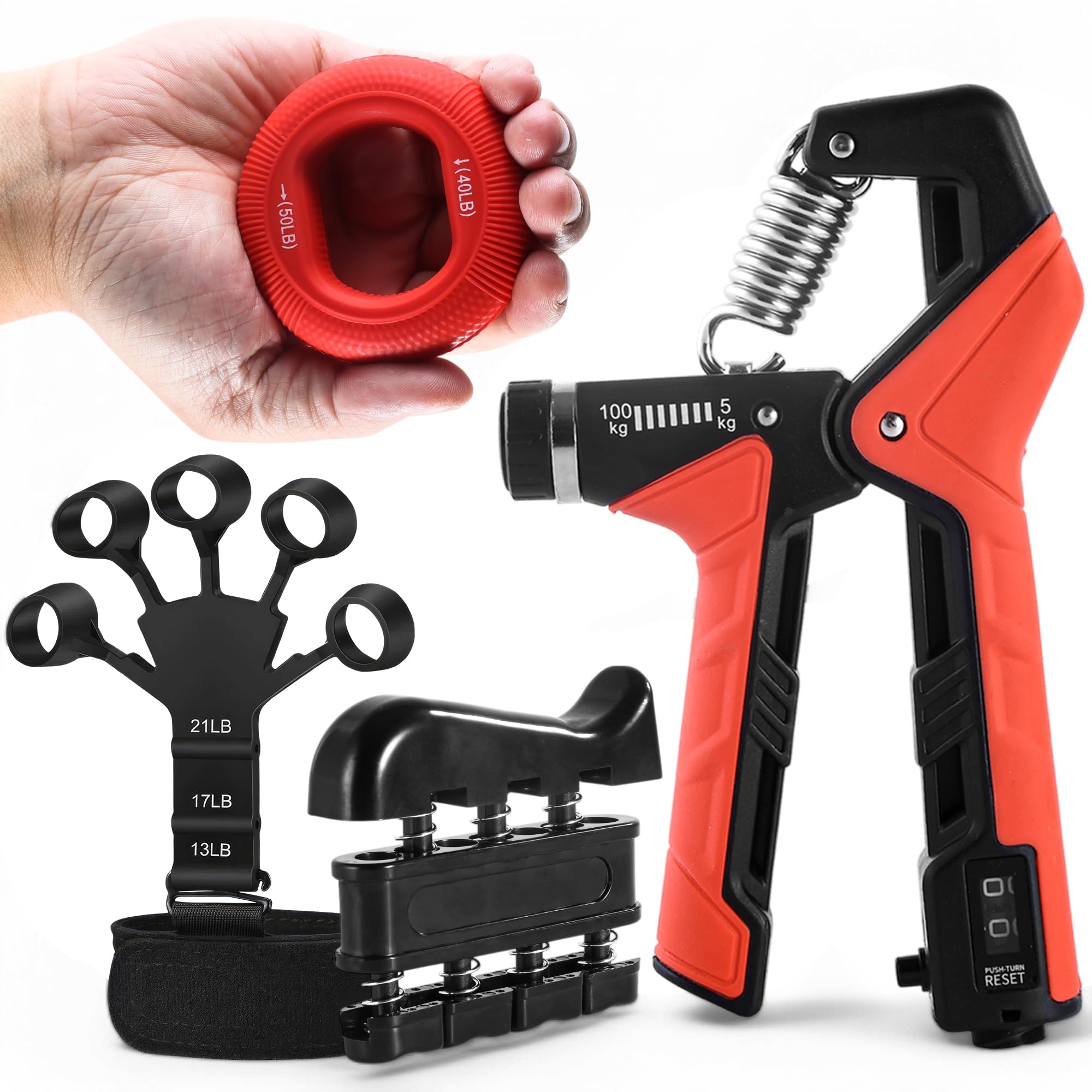 Grip Strength Trainer Kit, 4 Pack Hand Gripper Strengthener with Adjustable Resistance, Forearm Exerciser, Finger Strengthener & Stress Relief Ball for Muscle Building & Injury Recovery (Pack A)