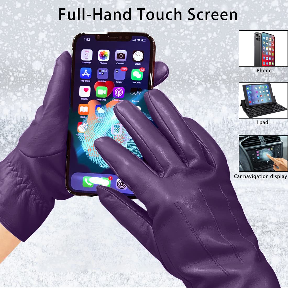 Harssidanzar Leather Gloves For Womans,Winter Warm Cashmere Lining Touchscreen Texting Warm Driving Lambskin Leather Glove GL017,Purple,Size L