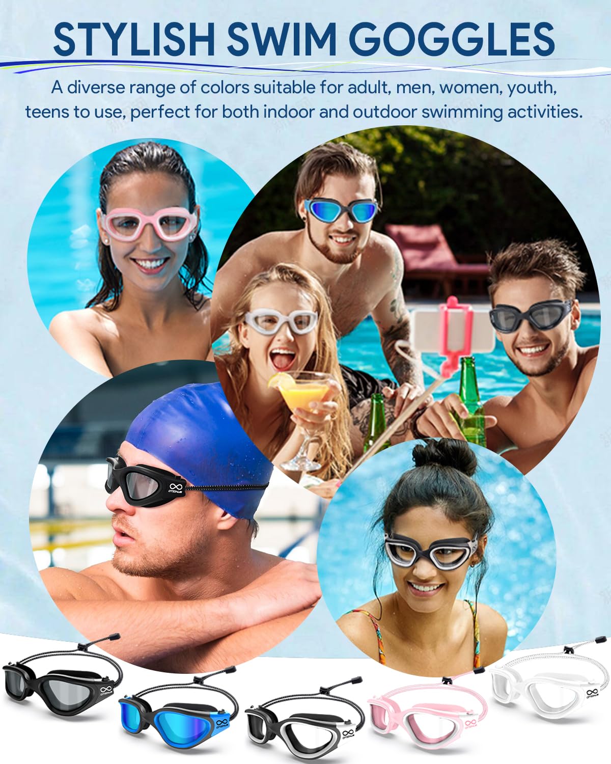 Otionus Swim Goggles for Adult Men Women Youth, Bungee Strap Swimming Goggles No Hair Pulling Anti Fog No Leak Pool Goggles