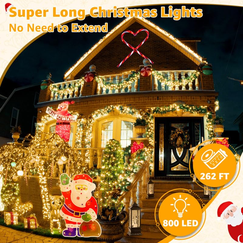 Ollny Christmas Lights Outdoor 800LED 262FT, Warm White Plug in Fairy Lights with Remote, 8 Modes Waterproof Timers Dimmable LED String Lights for Indoor House Outside Bedroom Patio Balcony